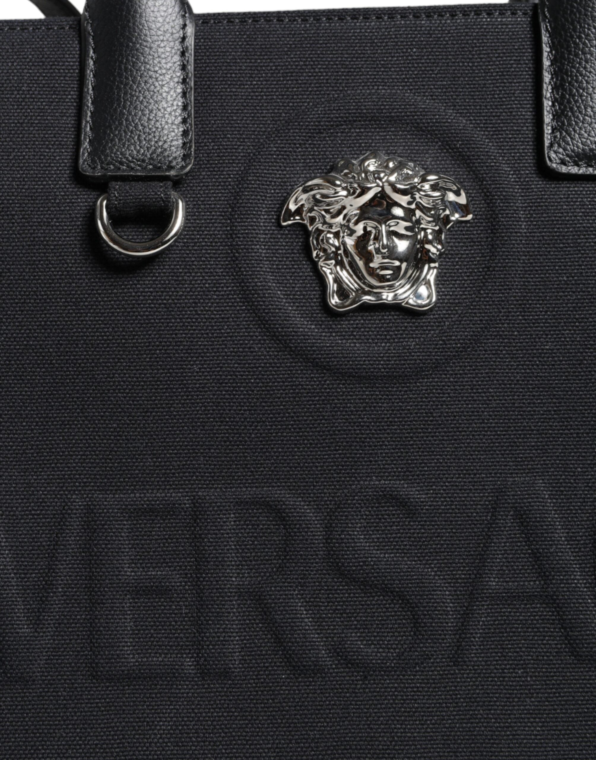 Versace Top Handle Canvas Leather Logo Crossbody Tote Black Bag