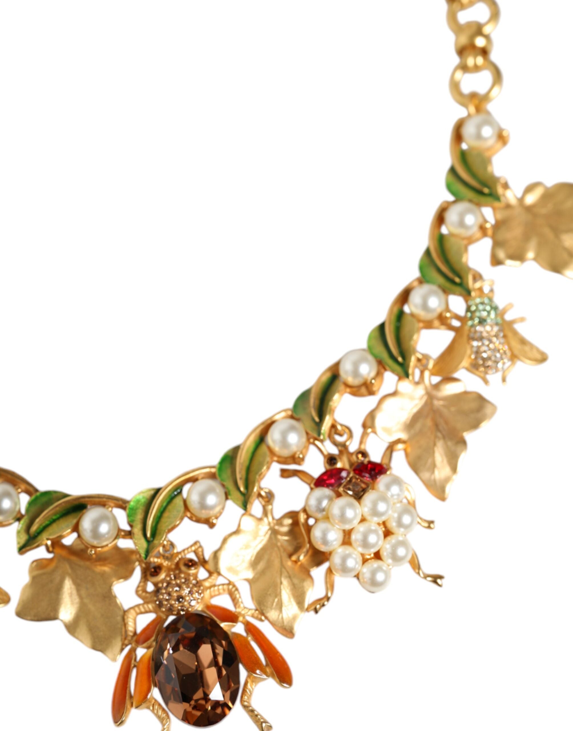 Dolce & Gabbana Brass Crystal Bug Charm Pendant Statement Gold Necklace