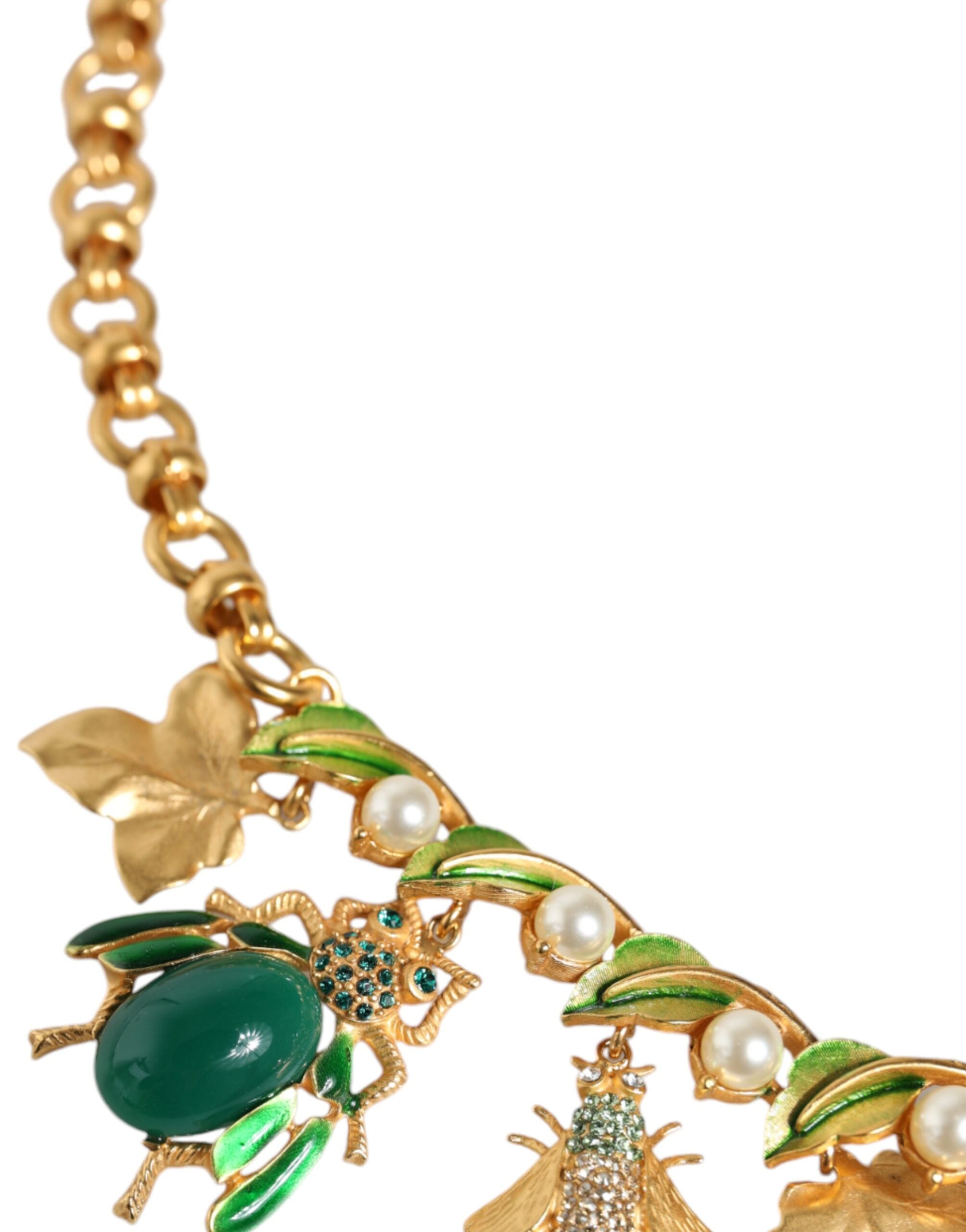Dolce & Gabbana Brass Crystal Bug Charm Pendant Statement Gold Necklace