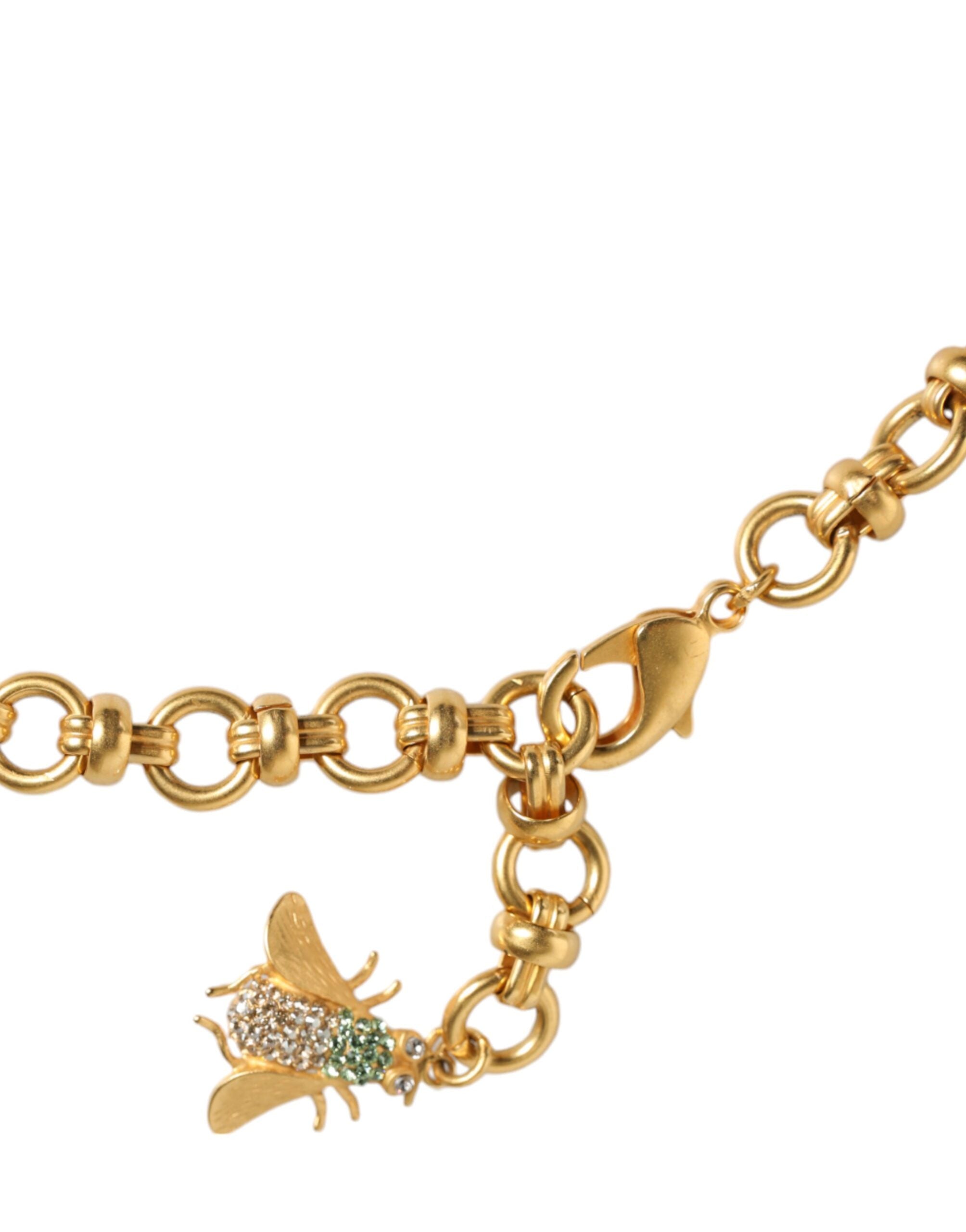 Dolce & Gabbana Brass Crystal Bug Charm Pendant Statement Gold Necklace