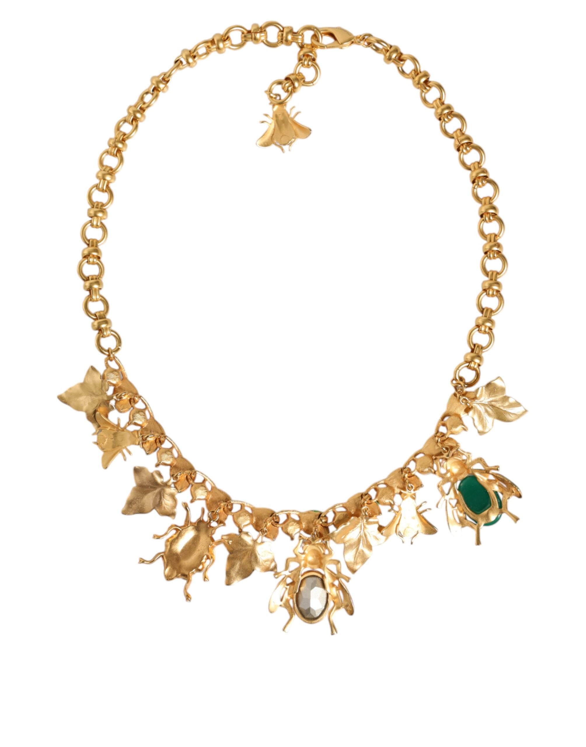 Dolce & Gabbana Brass Crystal Bug Charm Pendant Statement Gold Necklace
