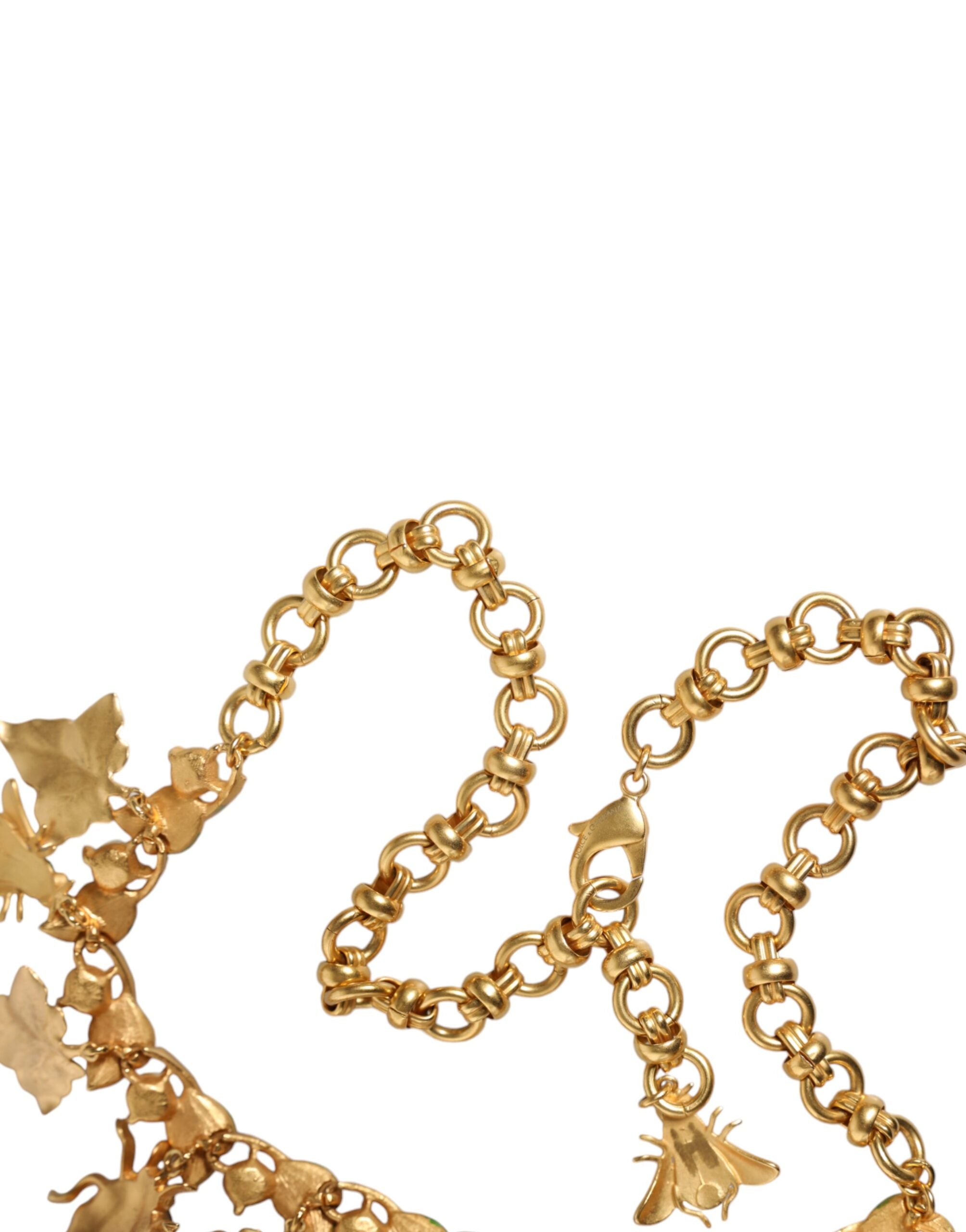 Dolce & Gabbana Brass Crystal Bug Charm Pendant Statement Gold Necklace