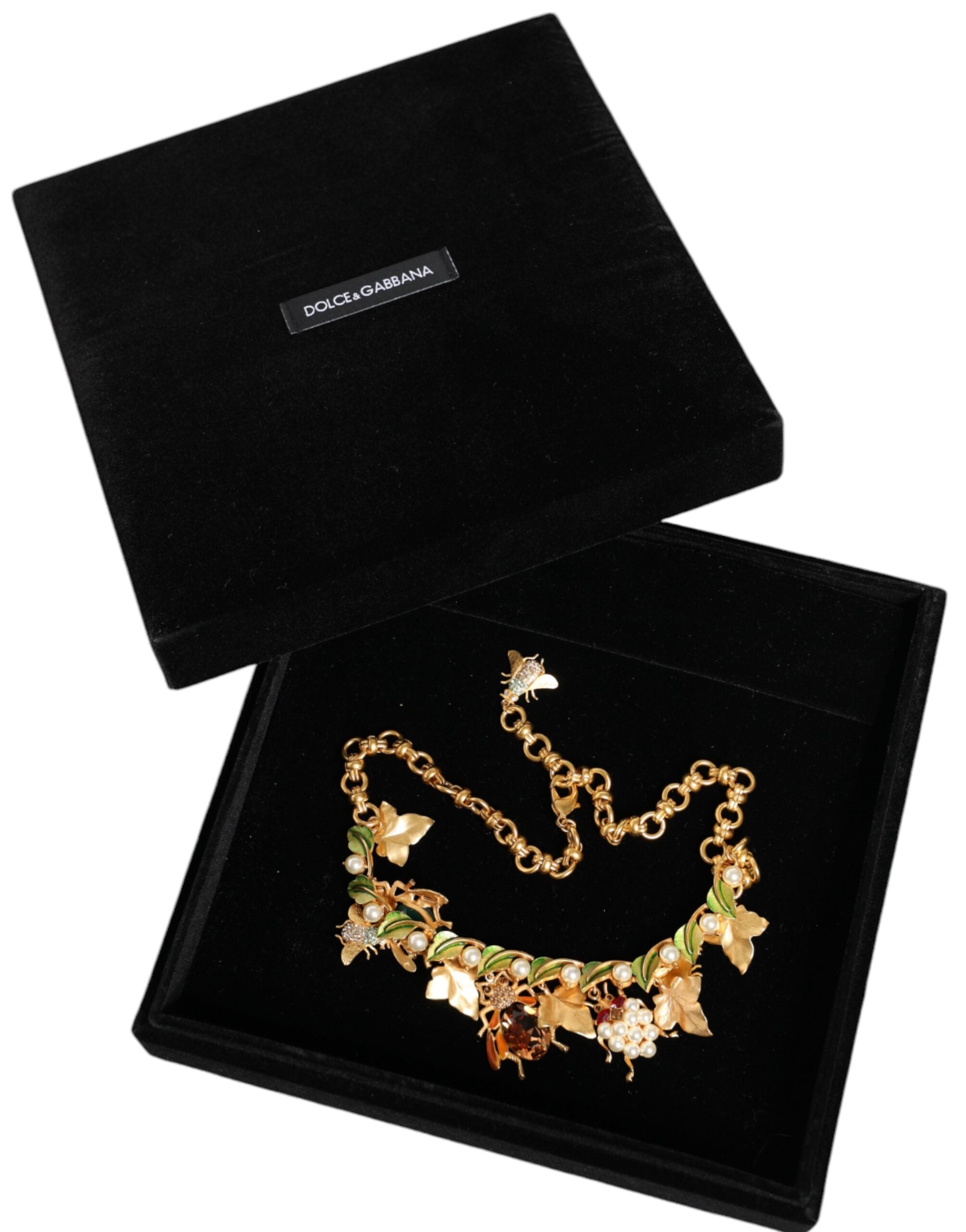 Dolce & Gabbana Brass Crystal Bug Charm Pendant Statement Gold Necklace