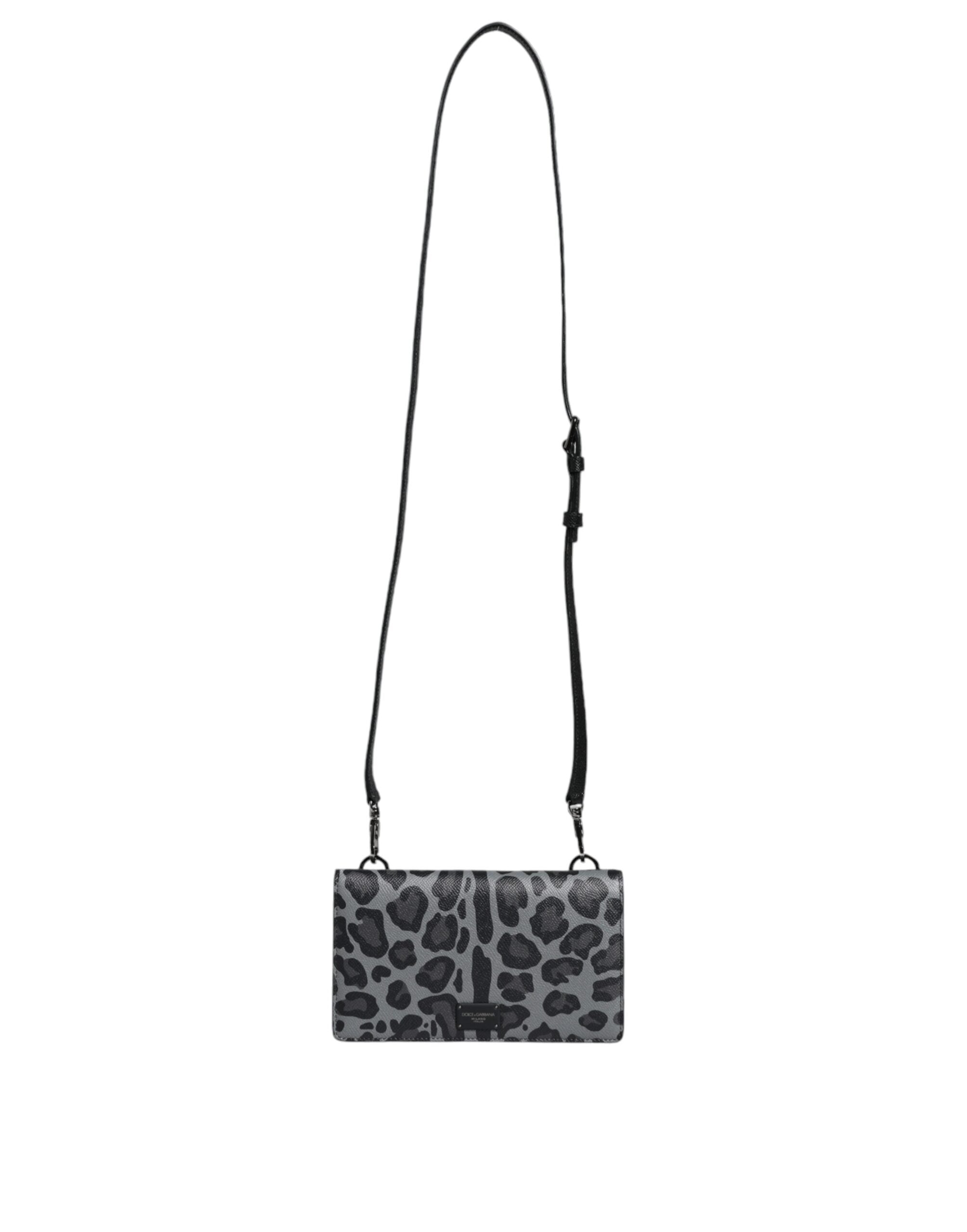 Dolce & Gabbana Leopard Leather Bifold Card Slot Crossbody Black Gray Bag