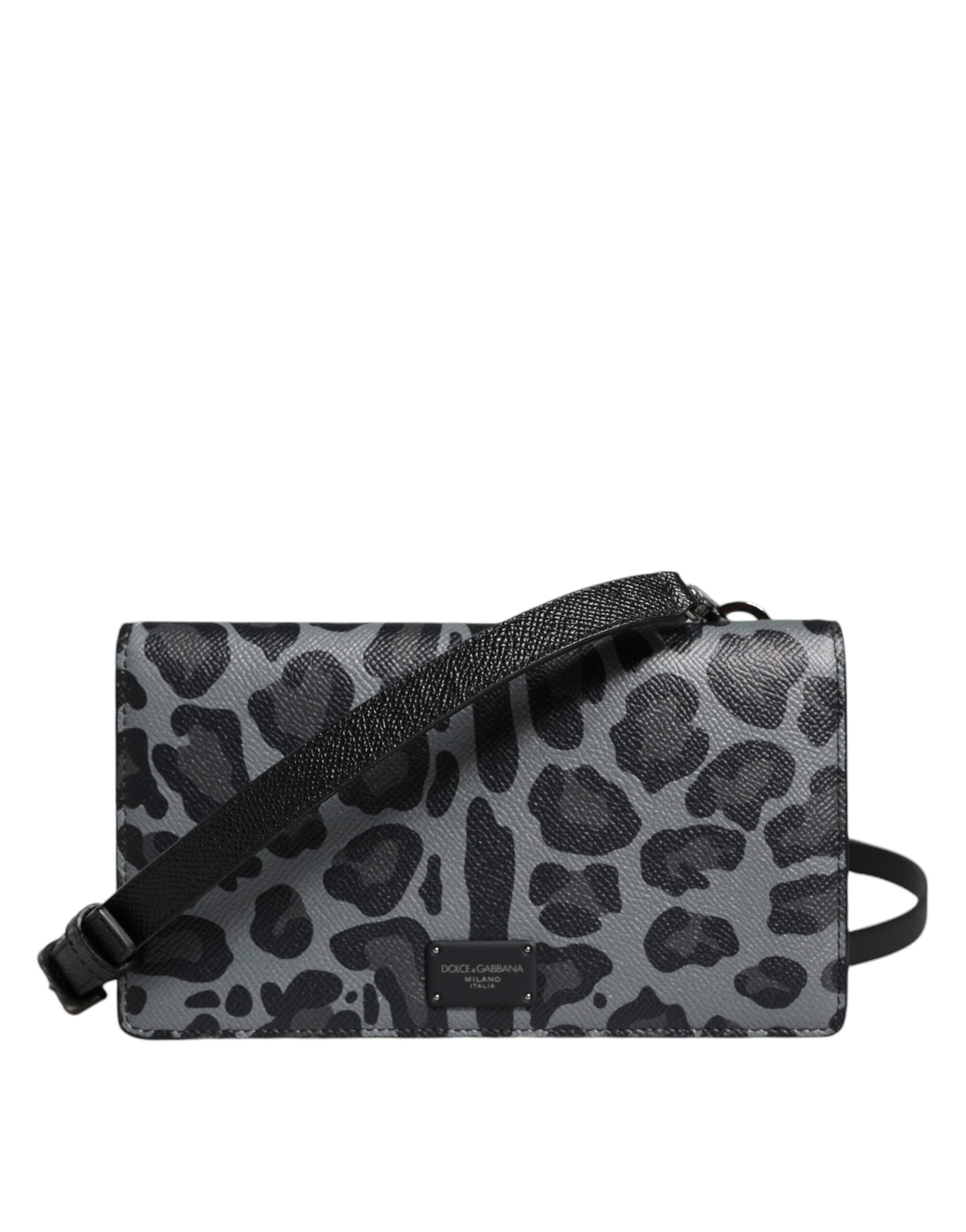 Dolce & Gabbana Leopard Leather Bifold Card Slot Crossbody Black Gray Bag