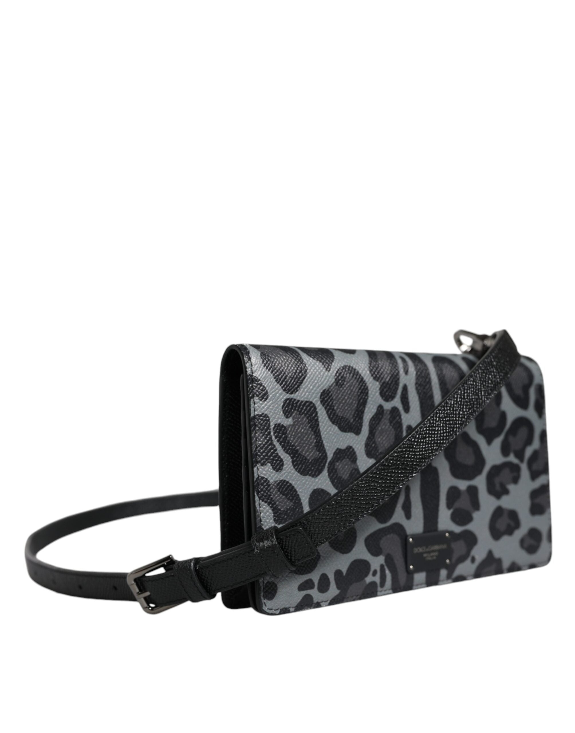 Dolce & Gabbana Leopard Leather Bifold Card Slot Crossbody Black Gray Bag