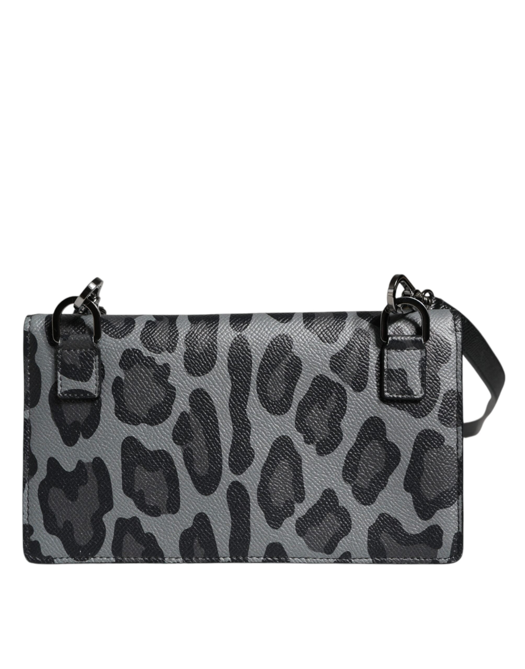 Dolce & Gabbana Leopard Leather Bifold Card Slot Crossbody Black Gray Bag