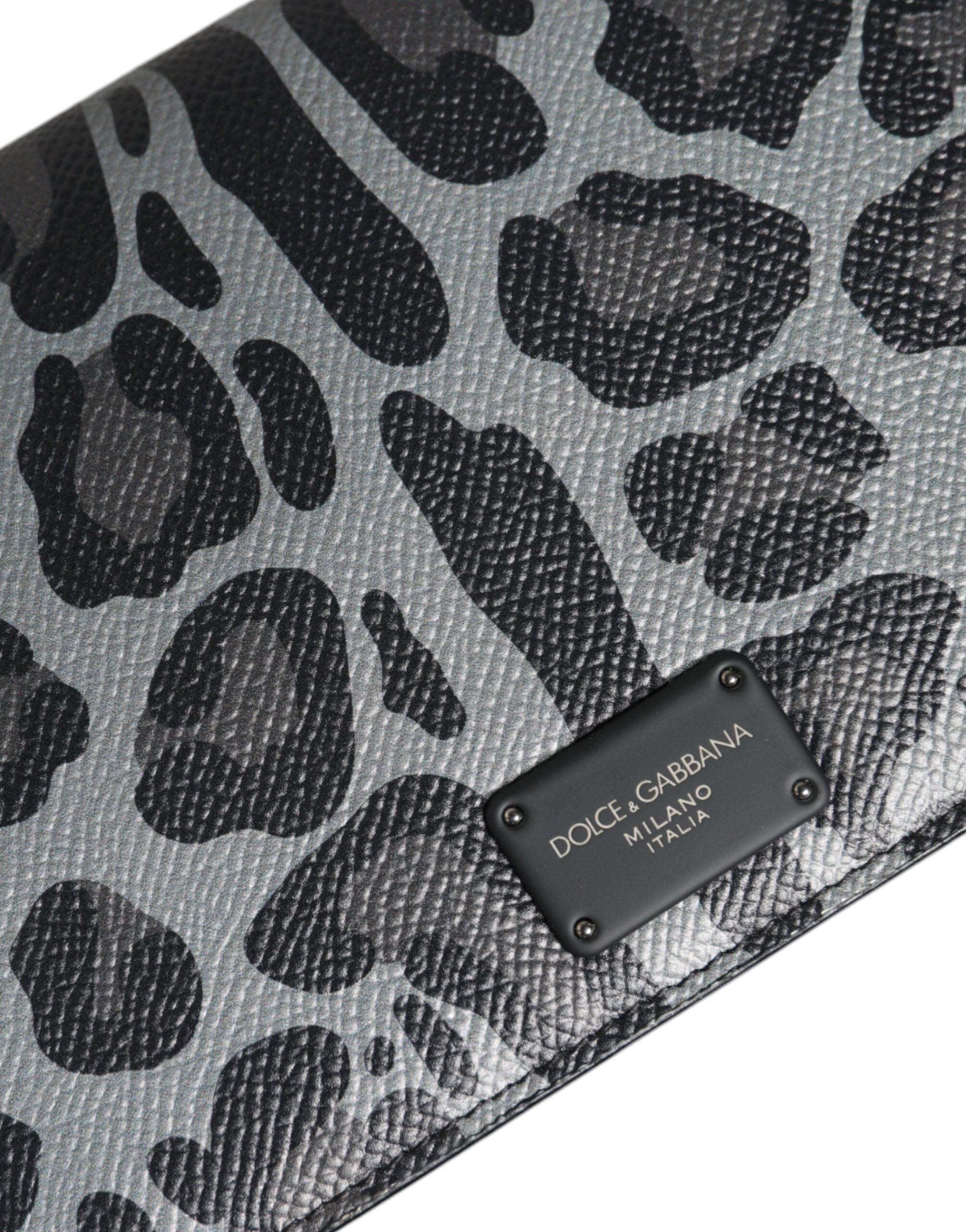 Dolce & Gabbana Leopard Leather Bifold Card Slot Crossbody Black Gray Bag