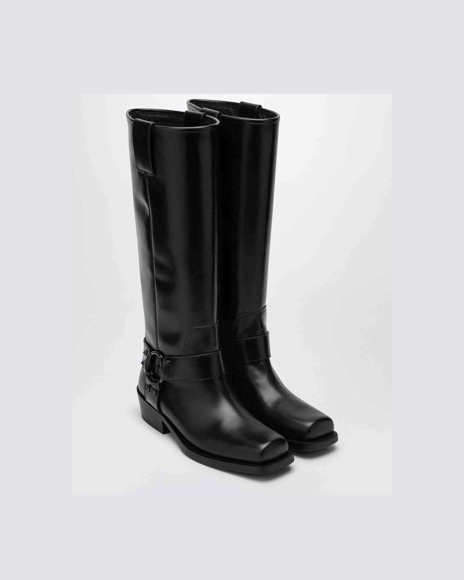 Valentino Black Leather Garavani Biker Rockstud High Boot Glam Steals