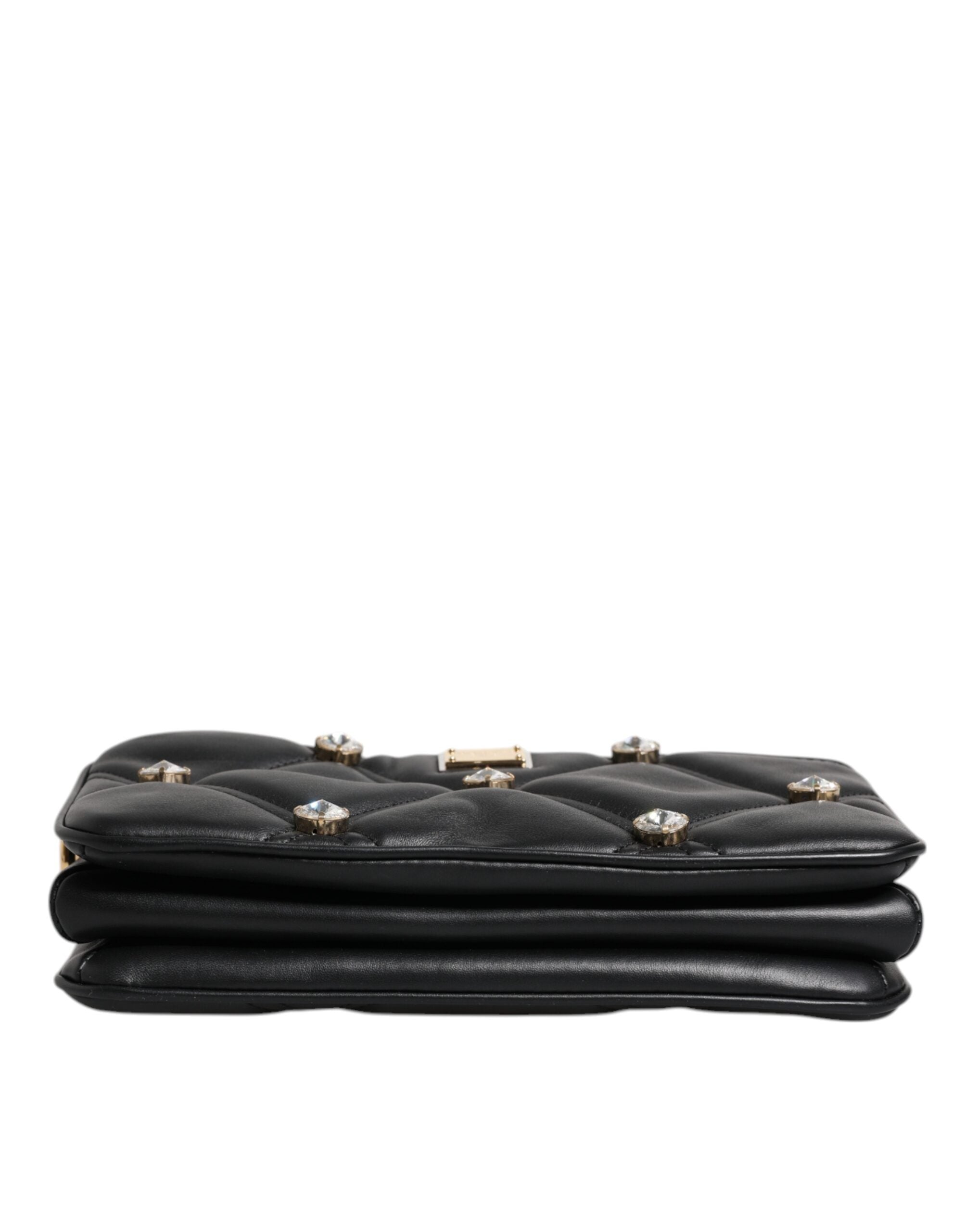 Dolce & Gabbana Leather Crystal Embellished Logo Shoulder Black Bag