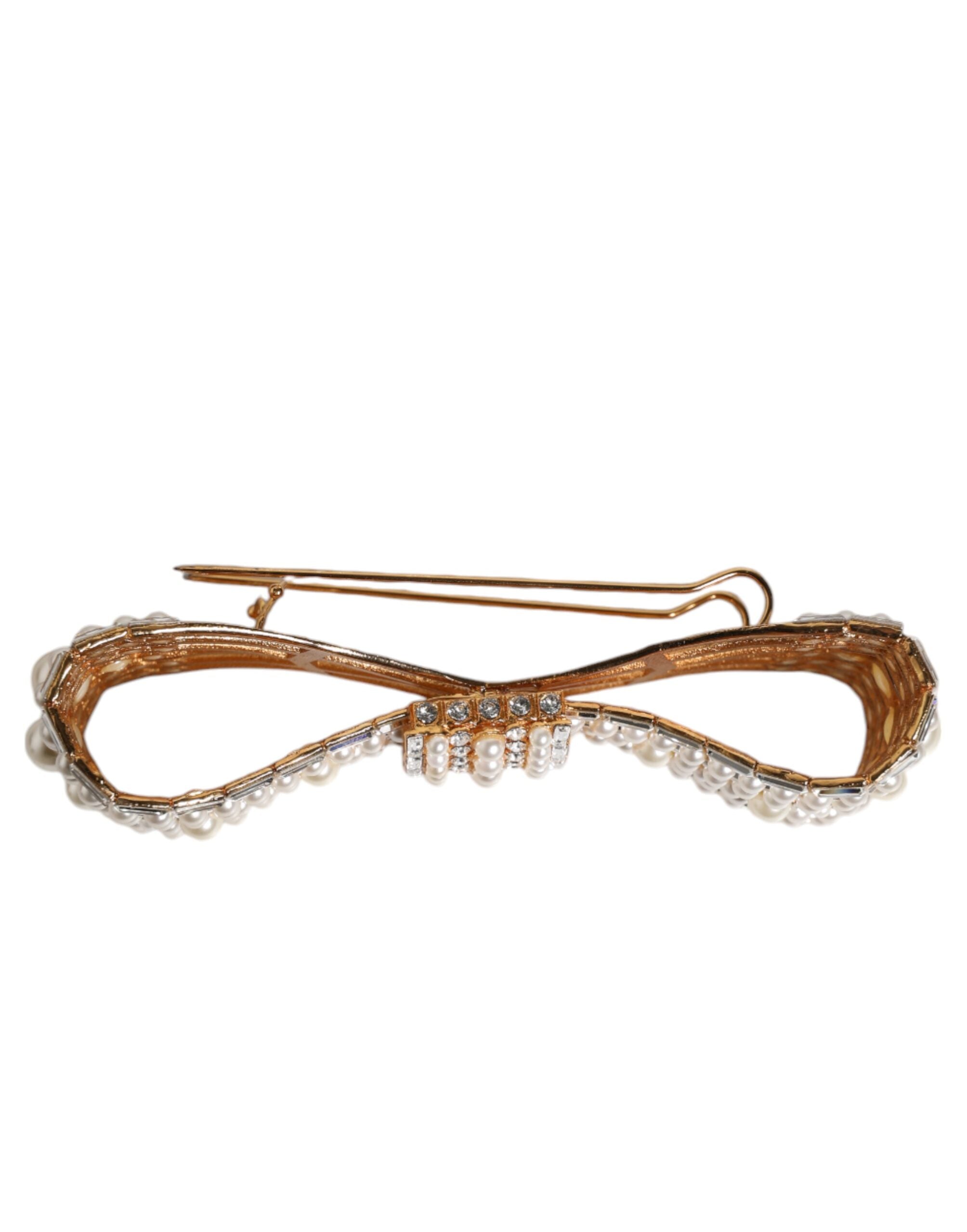 Dolce & Gabbana Gold Tone Brass Bow Crystal Fauxpearl Embellished Brooch