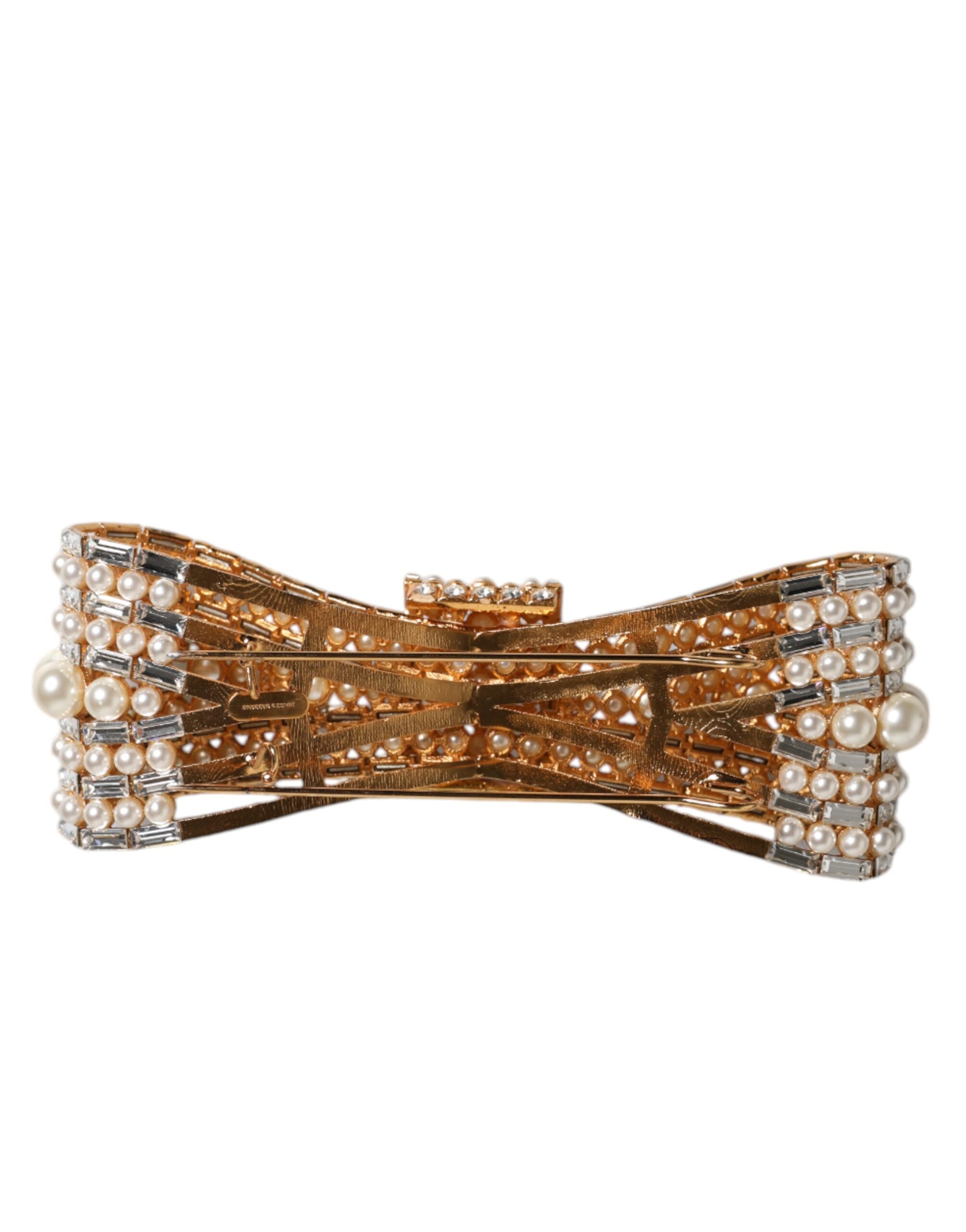 Dolce & Gabbana Gold Tone Brass Bow Crystal Fauxpearl Embellished Brooch
