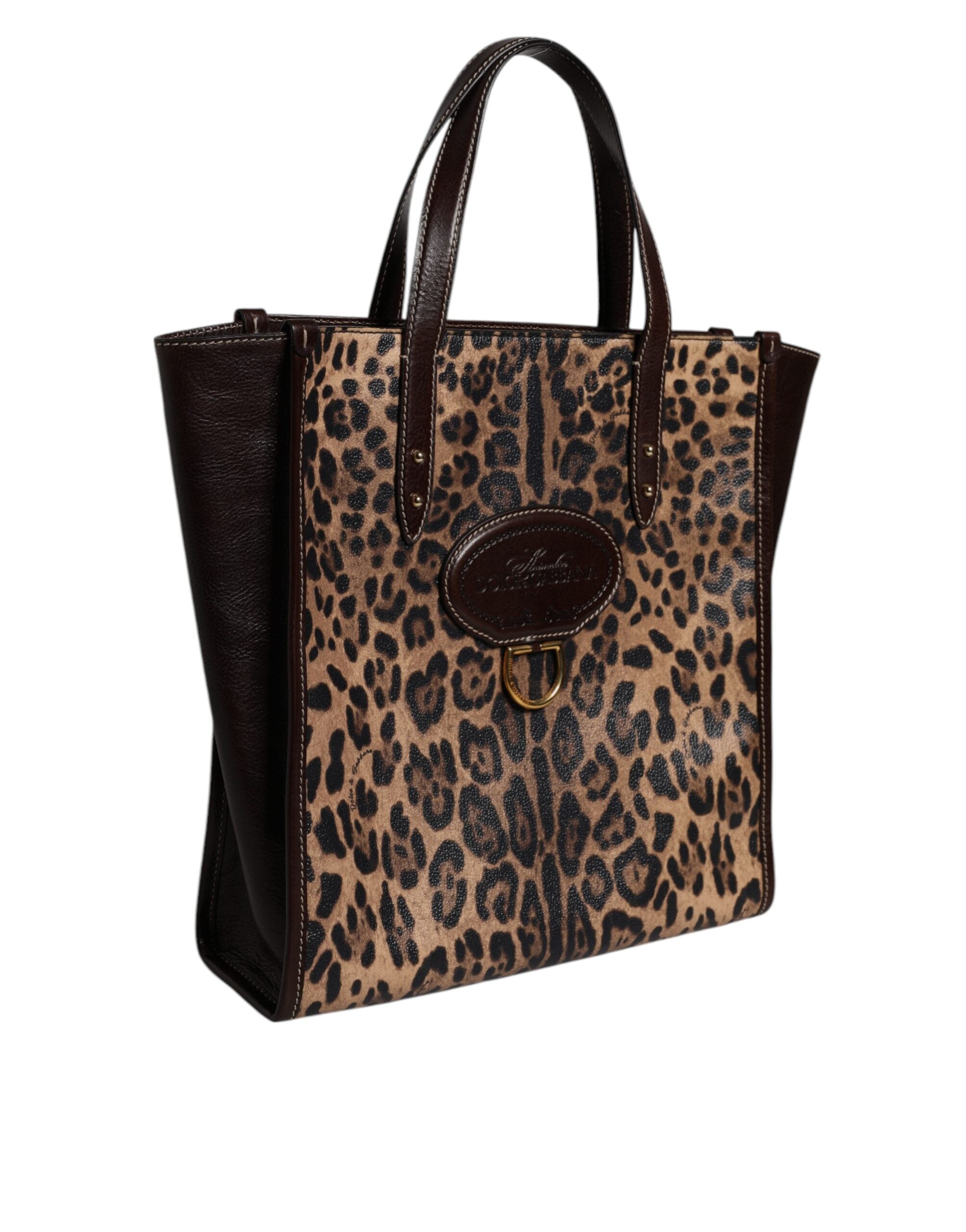 Dolce & Gabbana Brown Leather Leopard Shoulder Strap Tote Bag