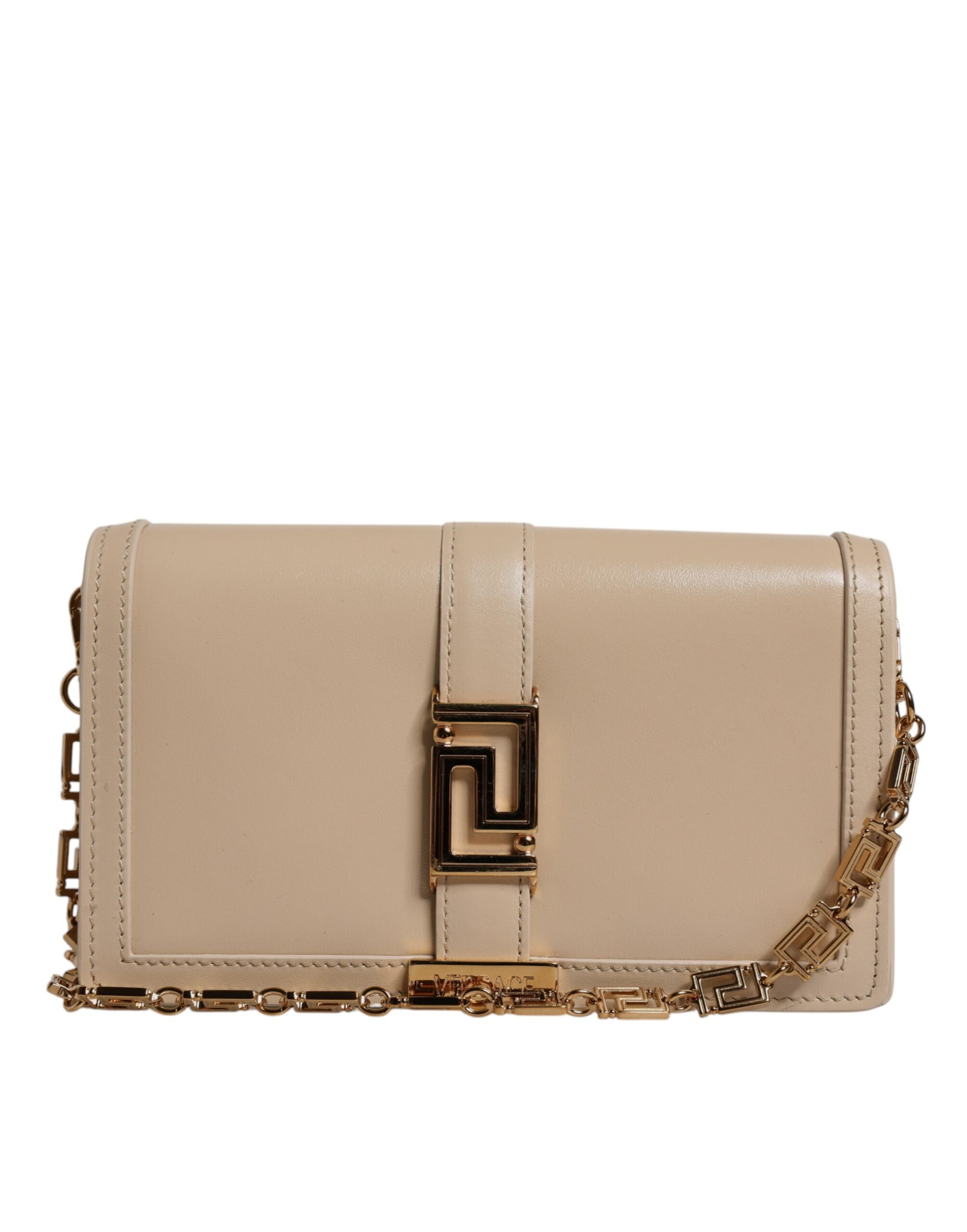 Versace Beige Leather Gold Chain Calf Wallet Crossbody Bag