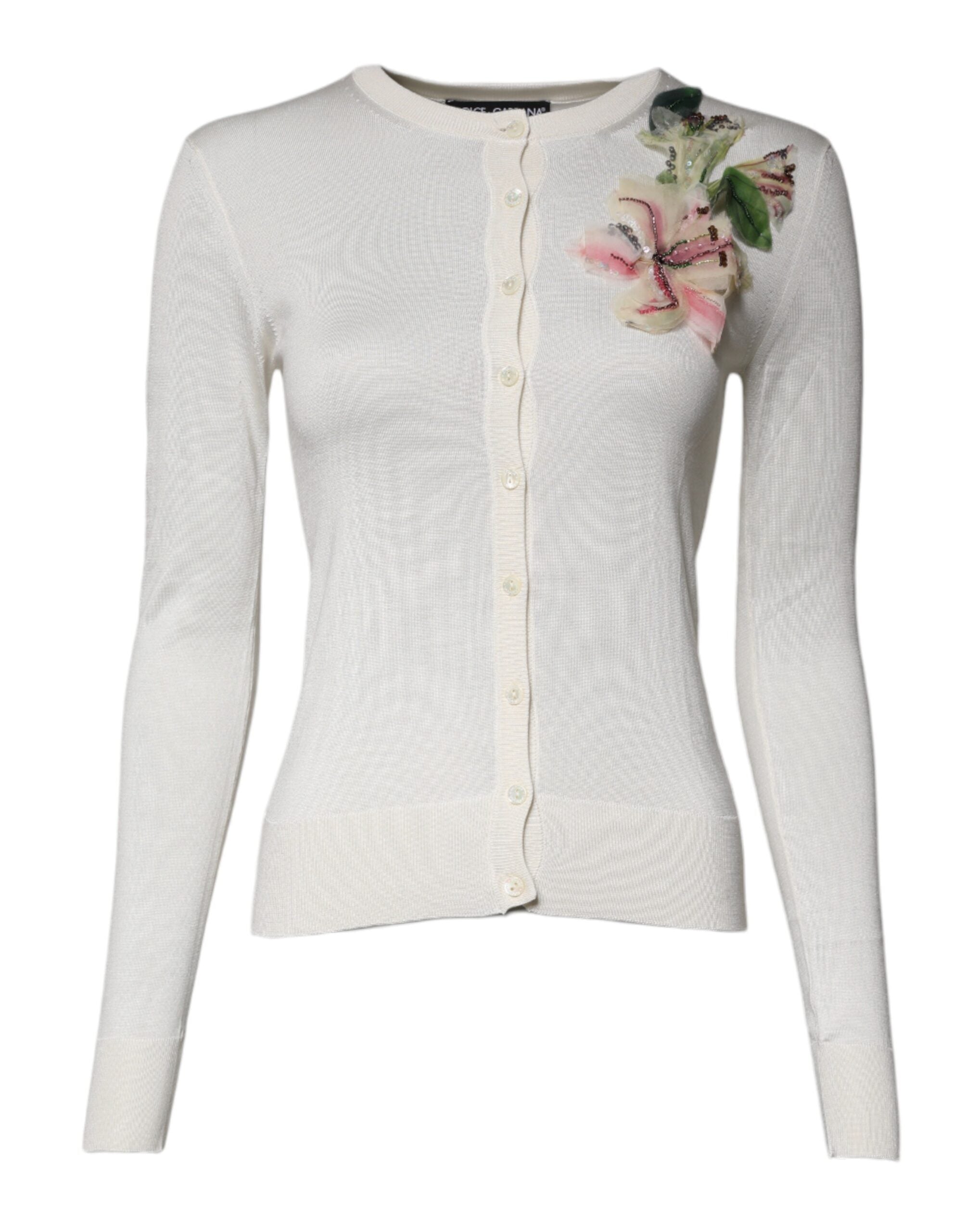 Dolce & Gabbana Silk Cream Floral Embellished Cardigan Sweater