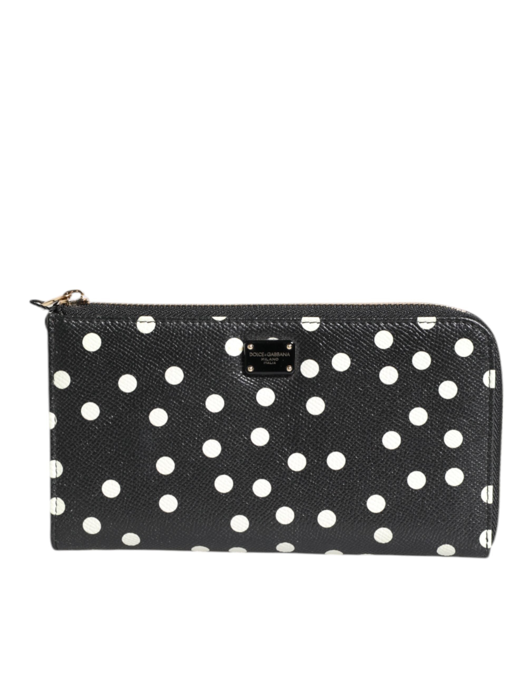 Dolce & Gabbana Black Leather White Dotted Zip Around Continental Wallet