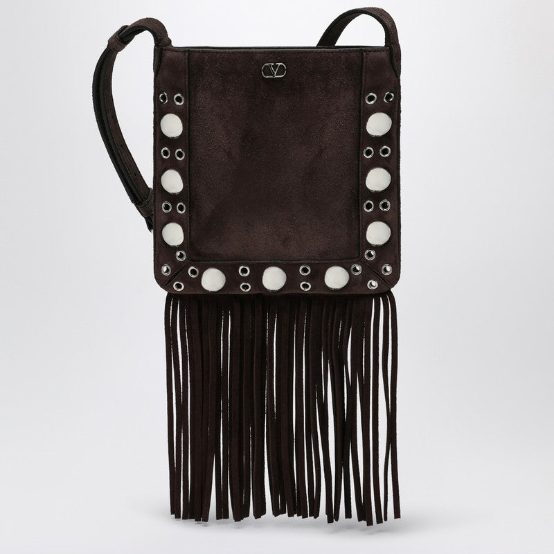 Valentino Brown Suede Garavani Nellcôte Bag with Fringes and Studs