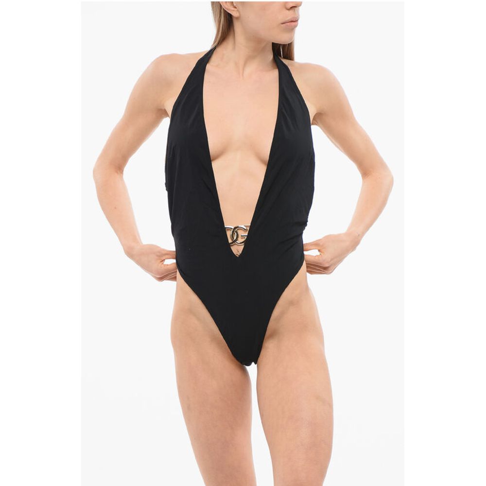 Dolce & Gabbana Plunging V Neck One Piece Swimsuit With Logoed Buckle