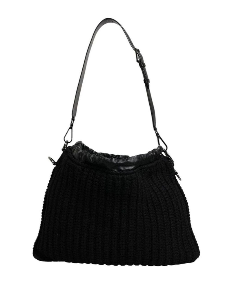 Dolce & Gabbana Black Cashmere Knitted Leather Shoulder Bag Shoulder Bags