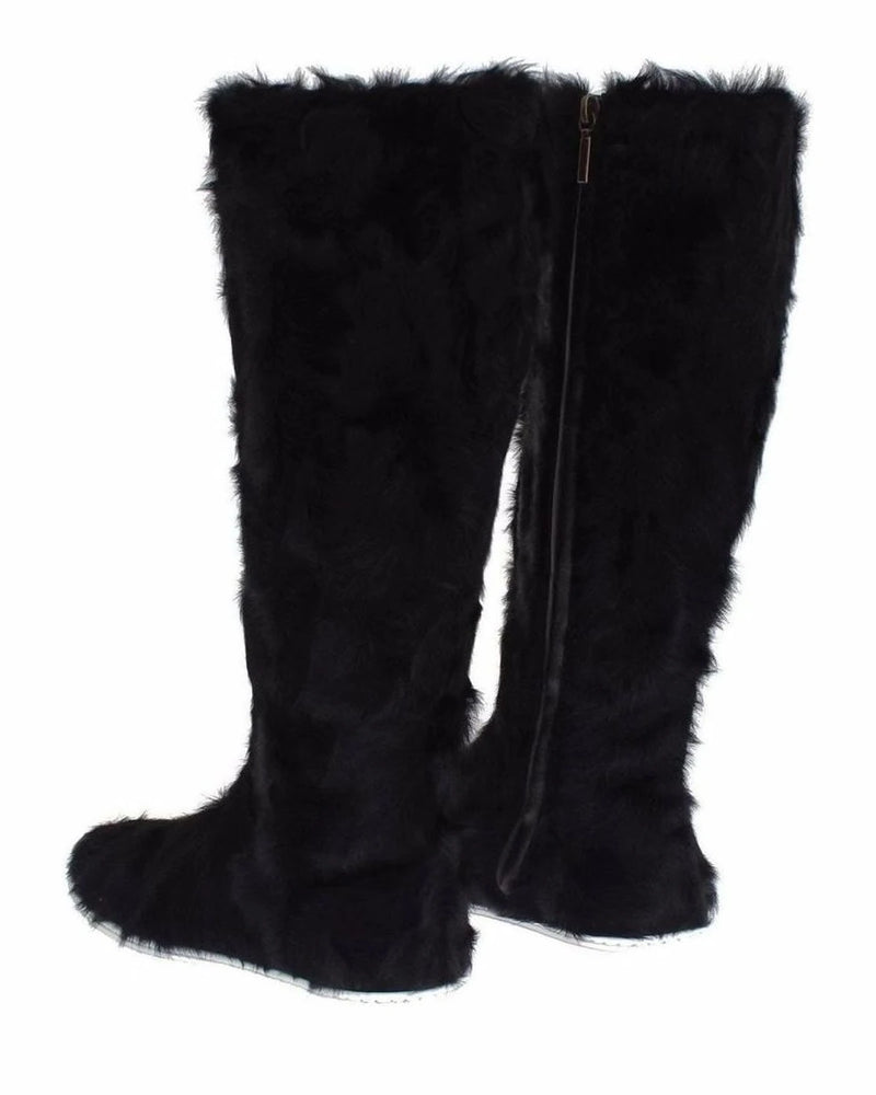 Dolce & Gabbana Black Elegant Fur Leather Flat Sneaker Boots Boots