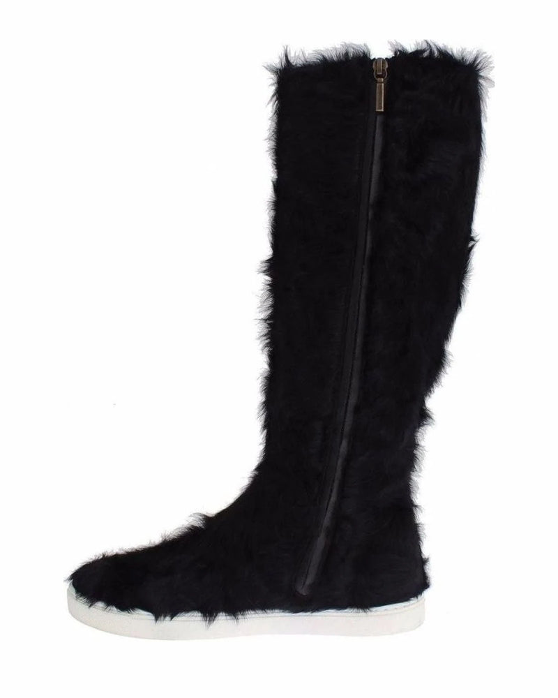 Dolce & Gabbana Black Elegant Fur Leather Flat Sneaker Boots Boots