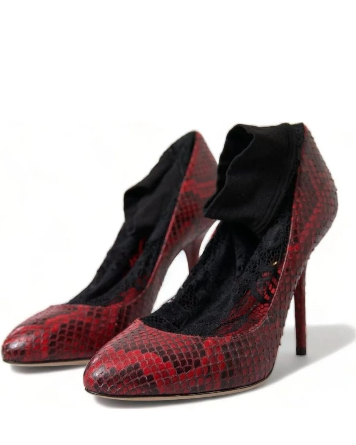 Dolce & Gabbana Snakeskin Almond Toe Pumps With Red Lace Socks Heels