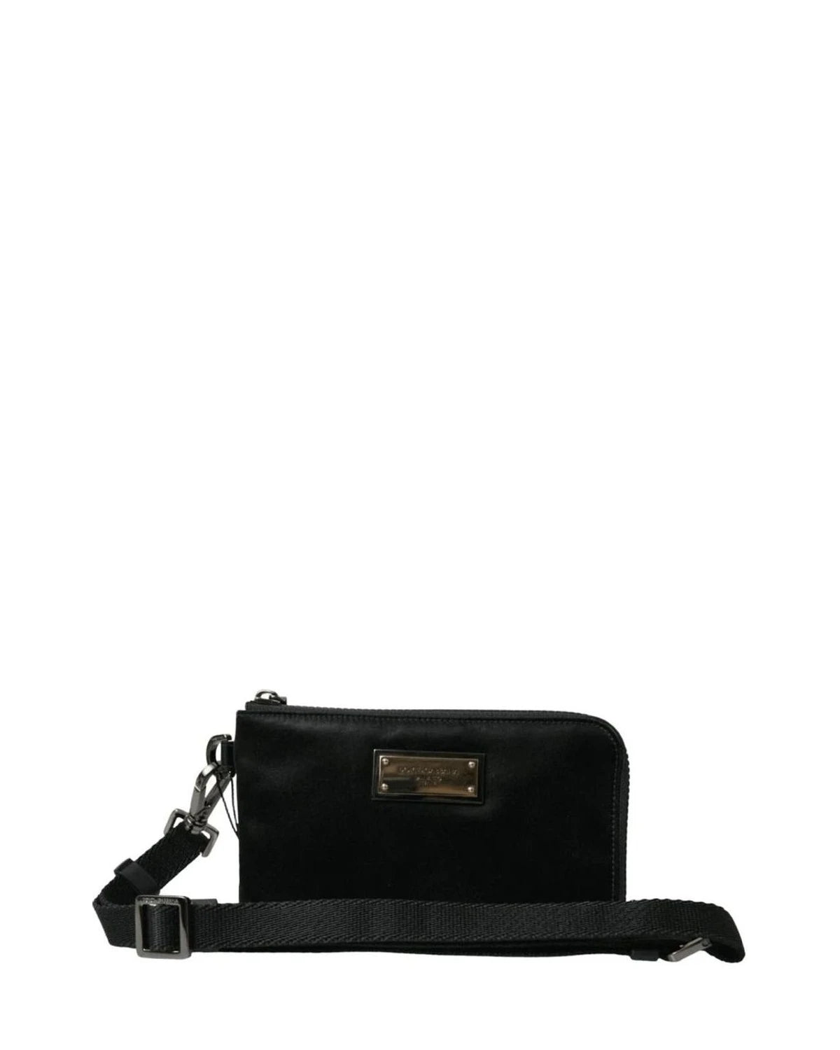 Dolce & Gabbana Black Nylon Leather Pouch With Decorative Details Clutch Bags