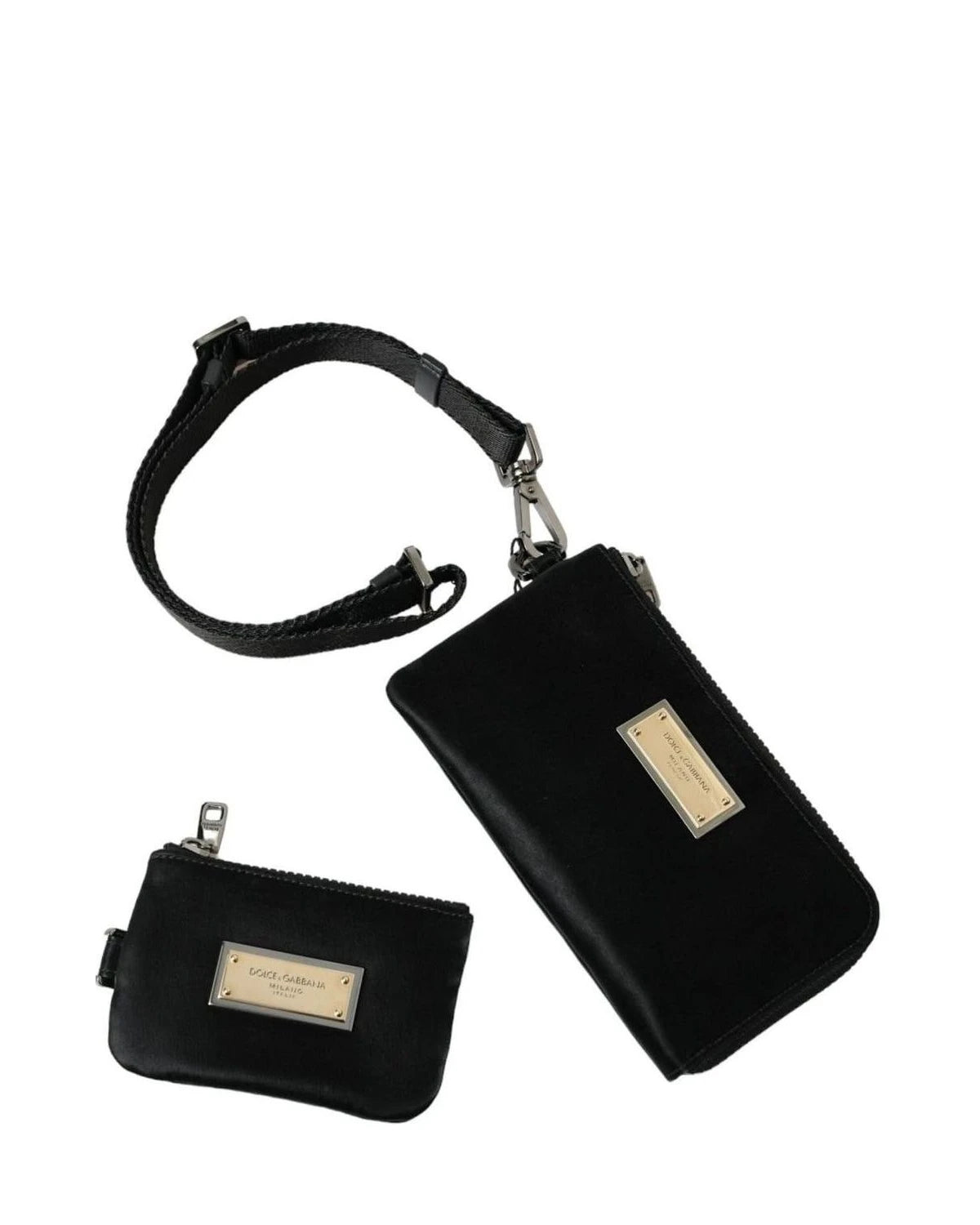 Dolce & Gabbana Black Nylon Leather Pouch With Decorative Details Clutch Bags
