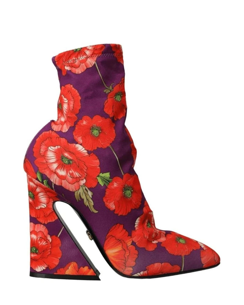 Dolce & Gabbana Purple Floral Jersey Stretch Boots Shoes Boots