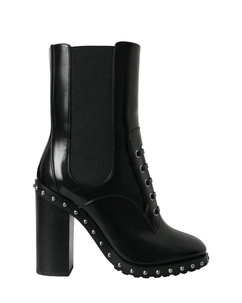 Dolce & Gabbana Black Leather Studded Lace Up Boots Shoes Boots