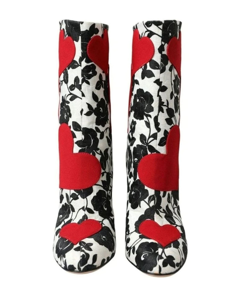 Dolce & Gabbana White Floral Hearts Leather High Boots Shoes Boots