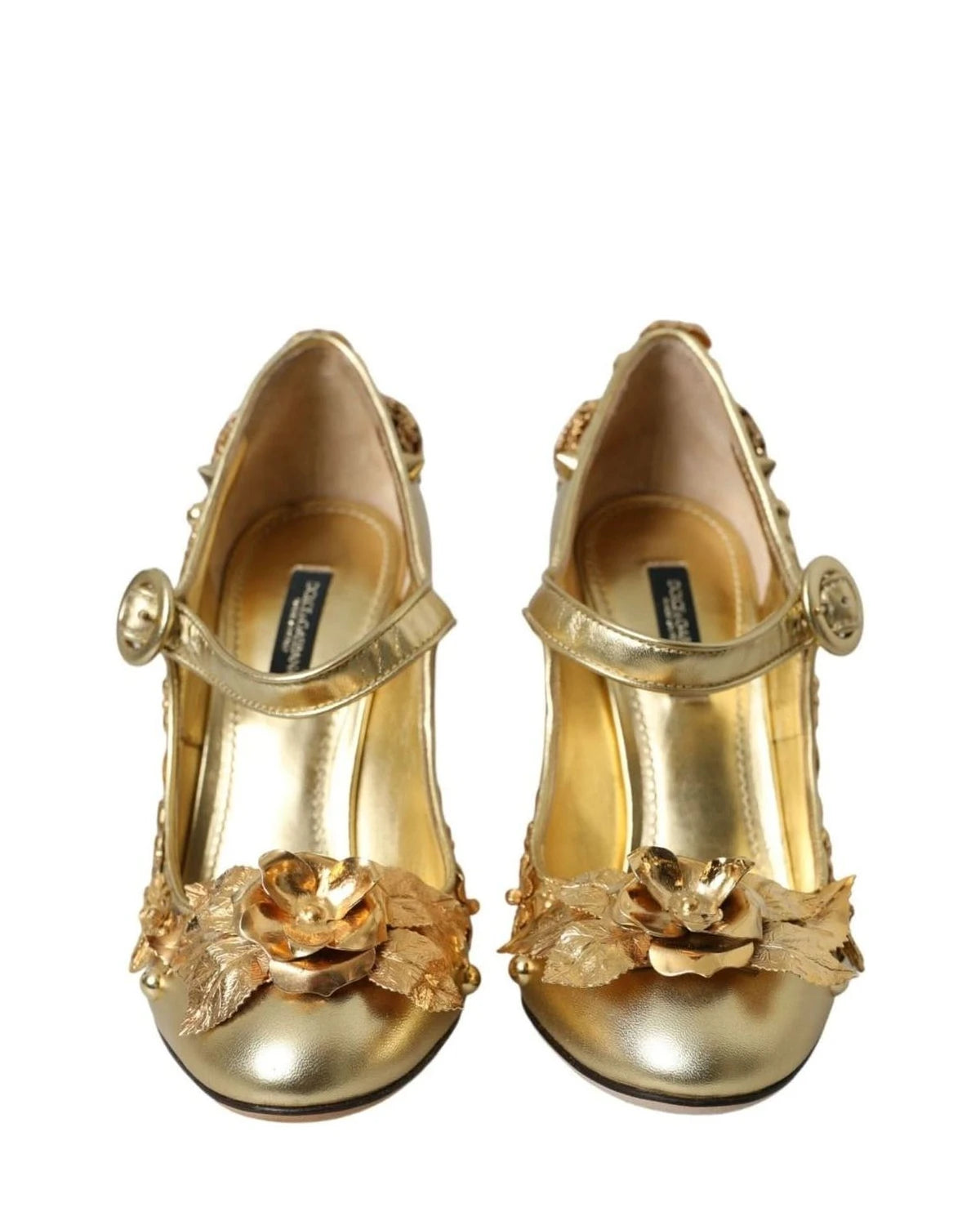 Dolce & Gabbana Gold Leather Crystal Mary Janes Pumps Shoes Heels