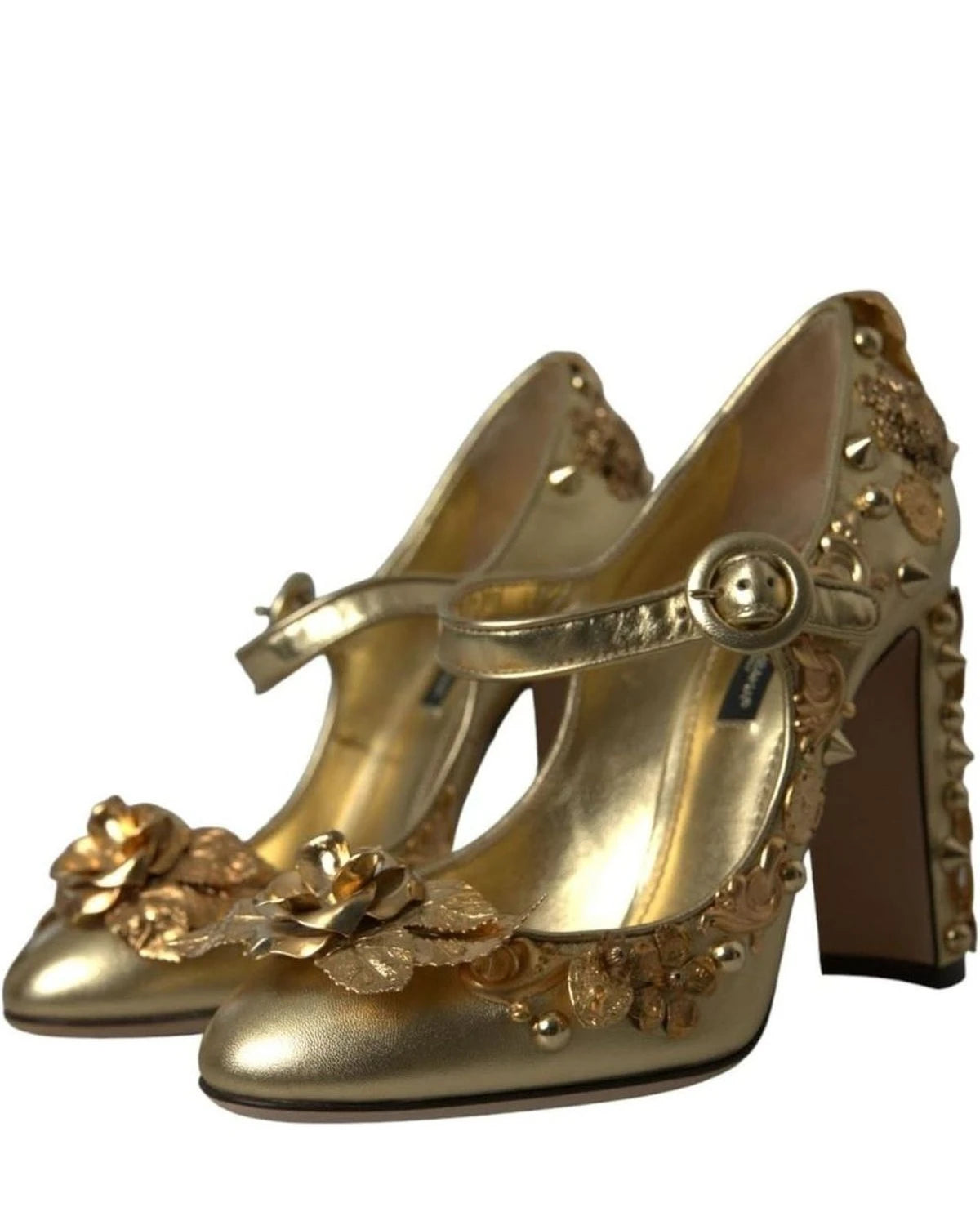 Dolce & Gabbana Gold Leather Crystal Mary Janes Pumps Shoes Heels