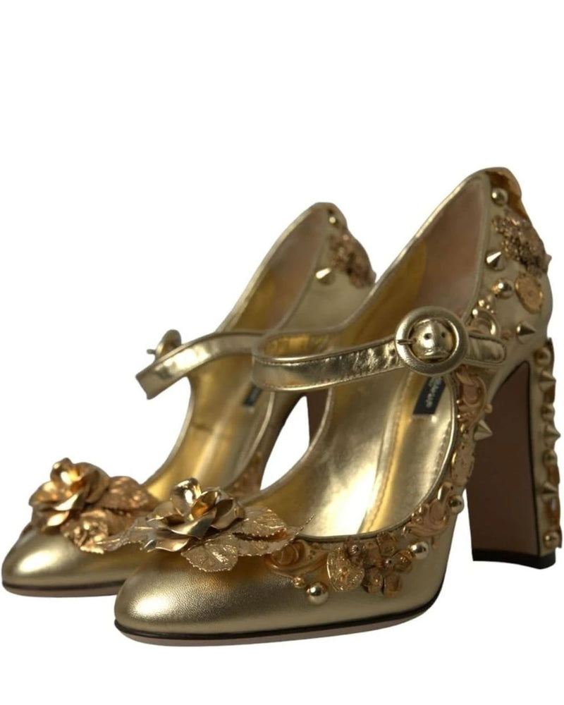 Dolce & Gabbana Gold Leather Crystal Mary Janes Pumps Shoes Heels
