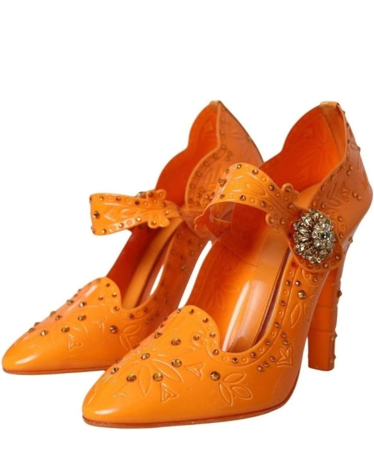 Dolce & Gabbana Orange Cinderella Floral Crystal Pumps Shoes Heels