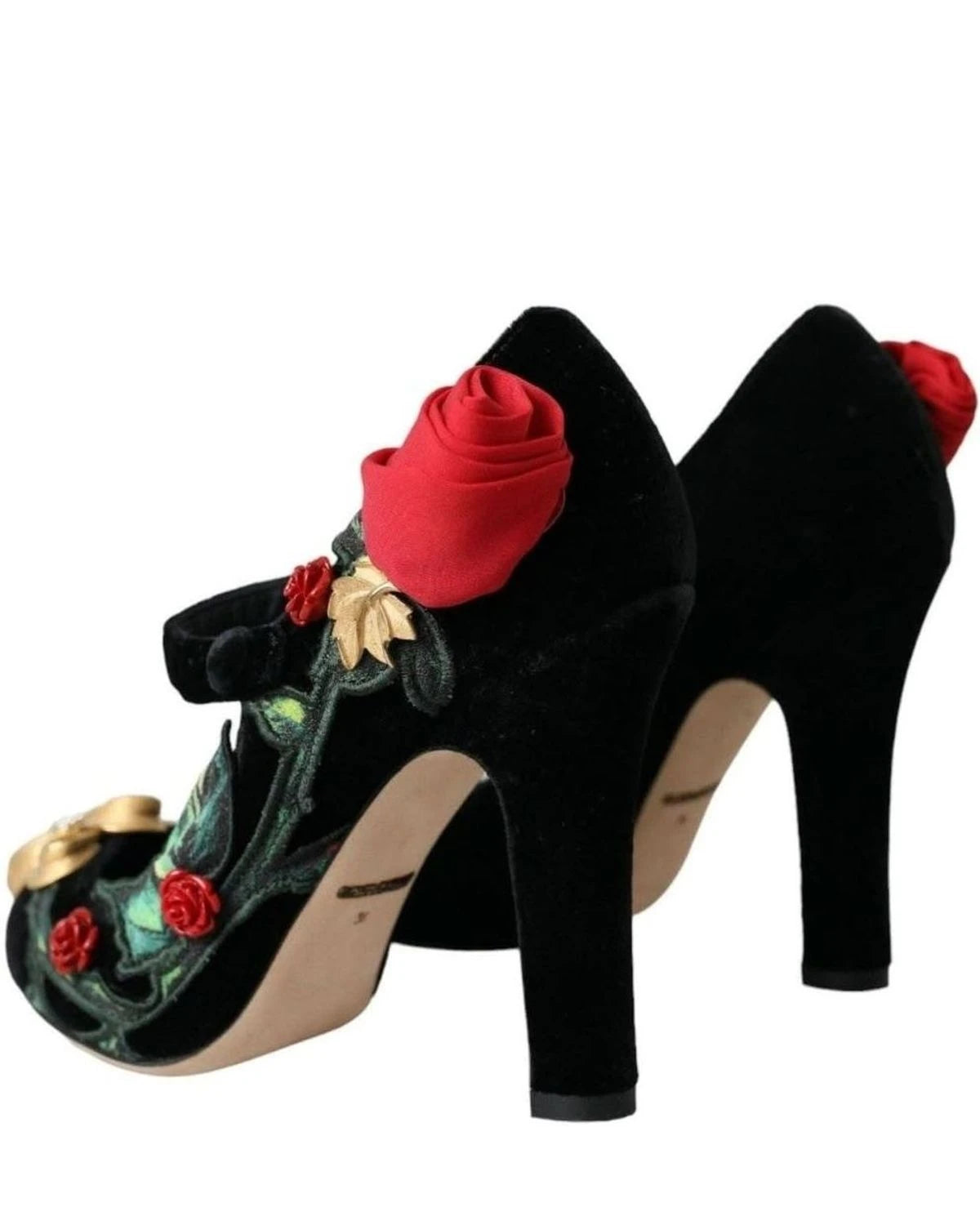 Dolce & Gabbana Black Roses Crystal Brooch Mary Jane Shoes Heels