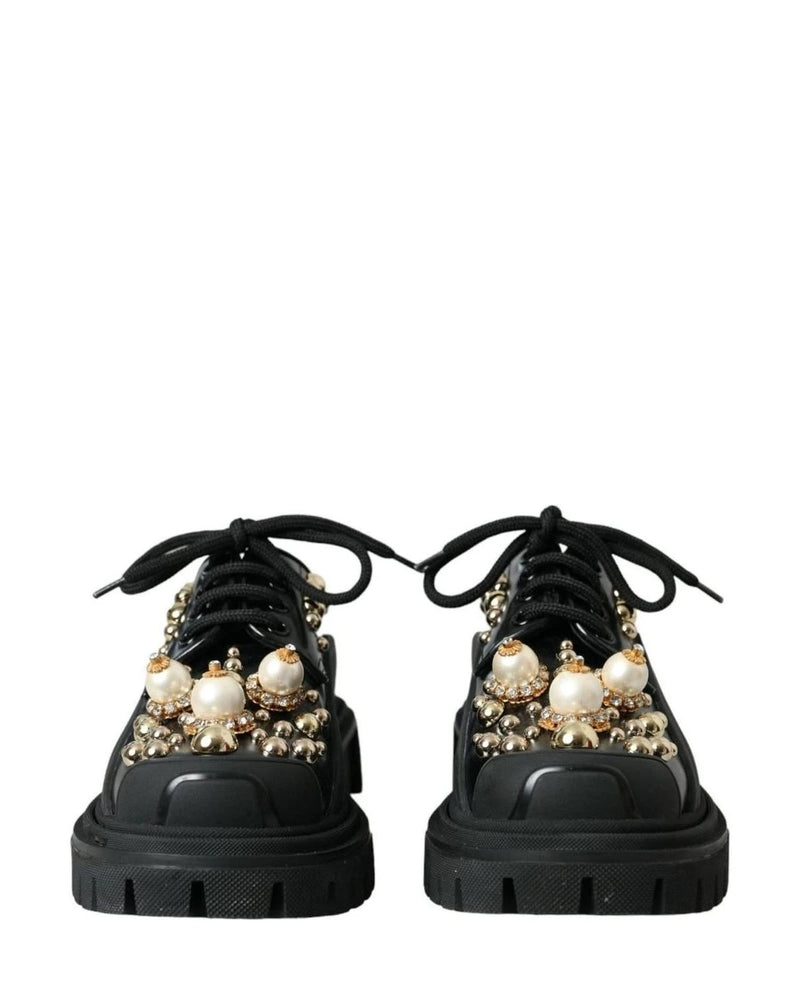 Dolce & Gabbana Black Leather Trekking Derby Embellished Shoes Boots
