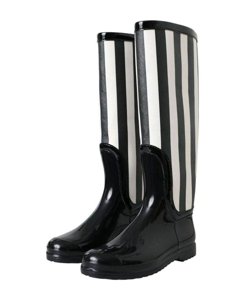 Dolce & Gabbana Black Rubber Knee High Flat Boots Shoes Boots
