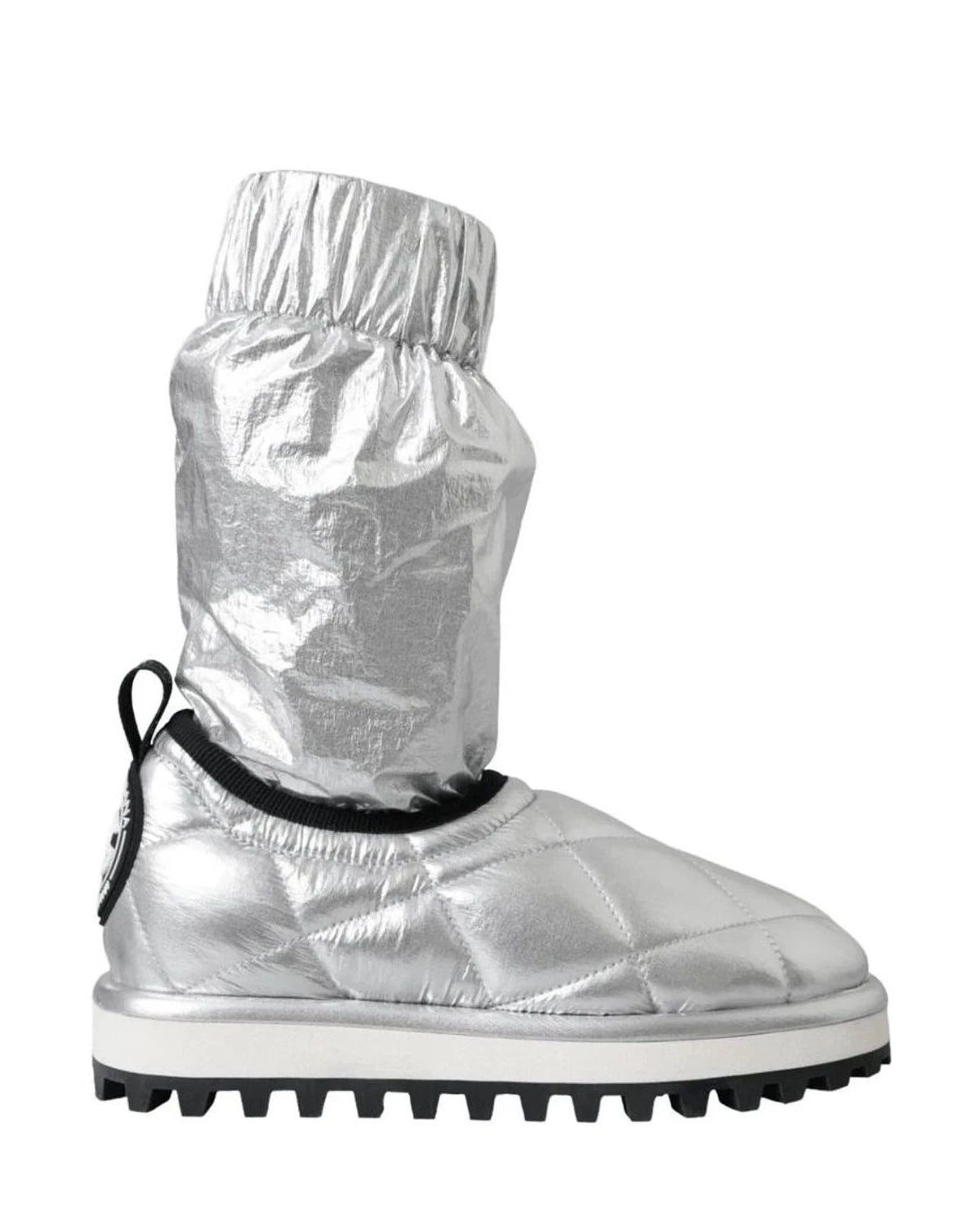 Dolce & Gabbana Silver Metallic Quilted Logo Patch Boot Shoes Boots