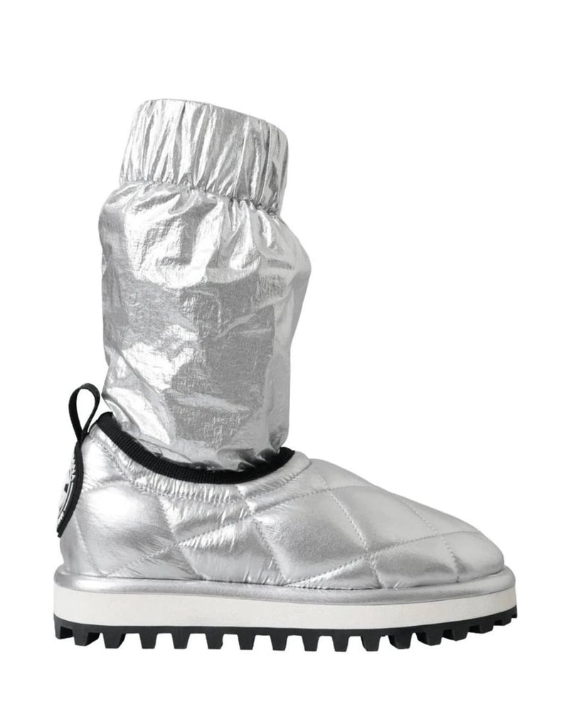 Dolce & Gabbana Silver Metallic Quilted Logo Patch Boot Shoes Boots