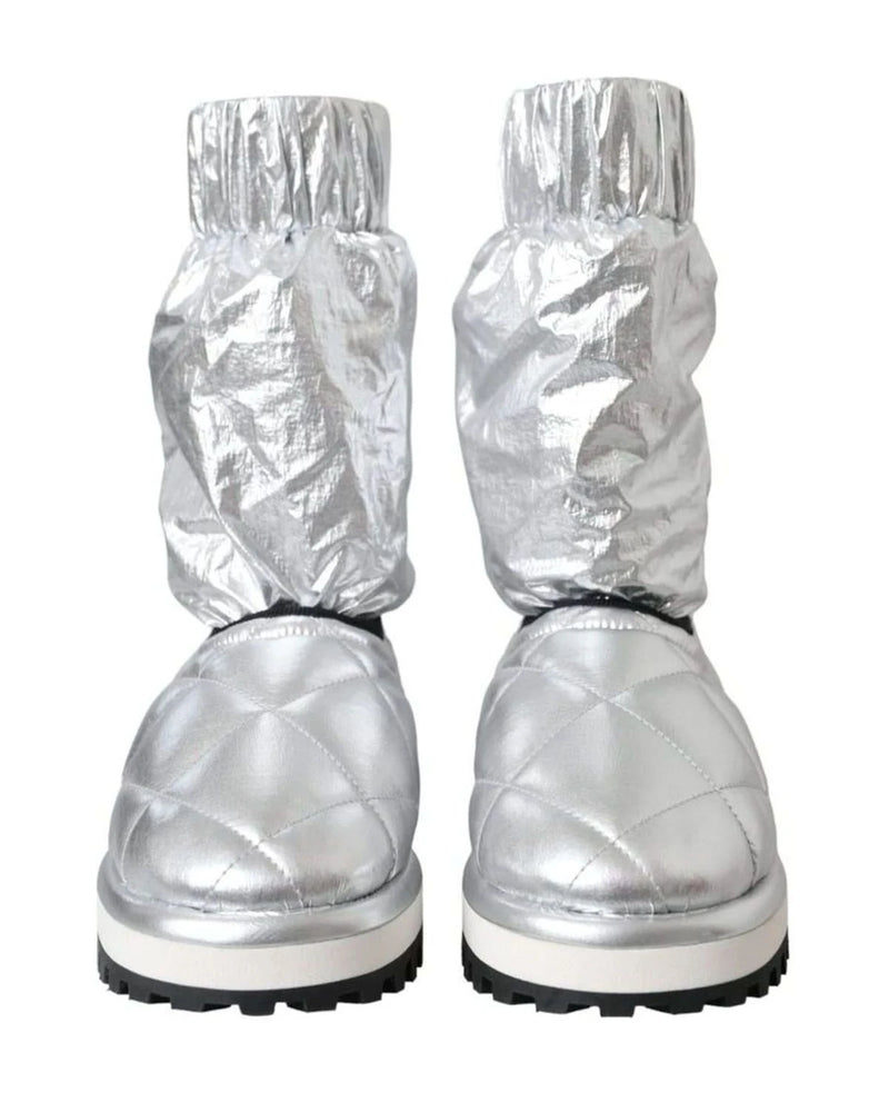 Dolce & Gabbana Silver Metallic Quilted Logo Patch Boot Shoes Boots