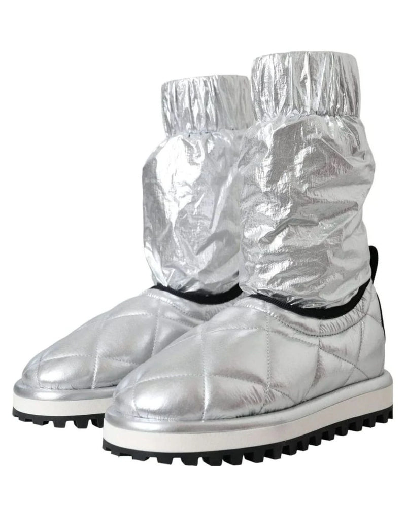 Dolce & Gabbana Silver Metallic Quilted Logo Patch Boot Shoes Boots