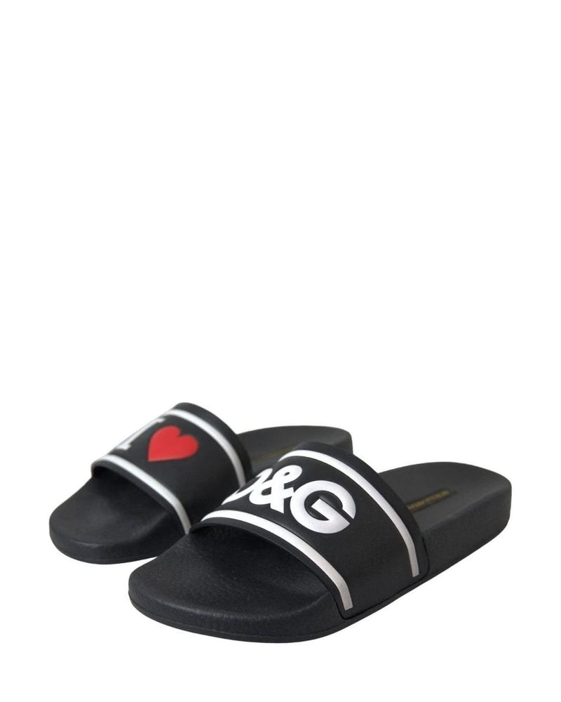 Dolce & Gabbana Black Leather I Love Dg Sandals Slides Shoes Flats
