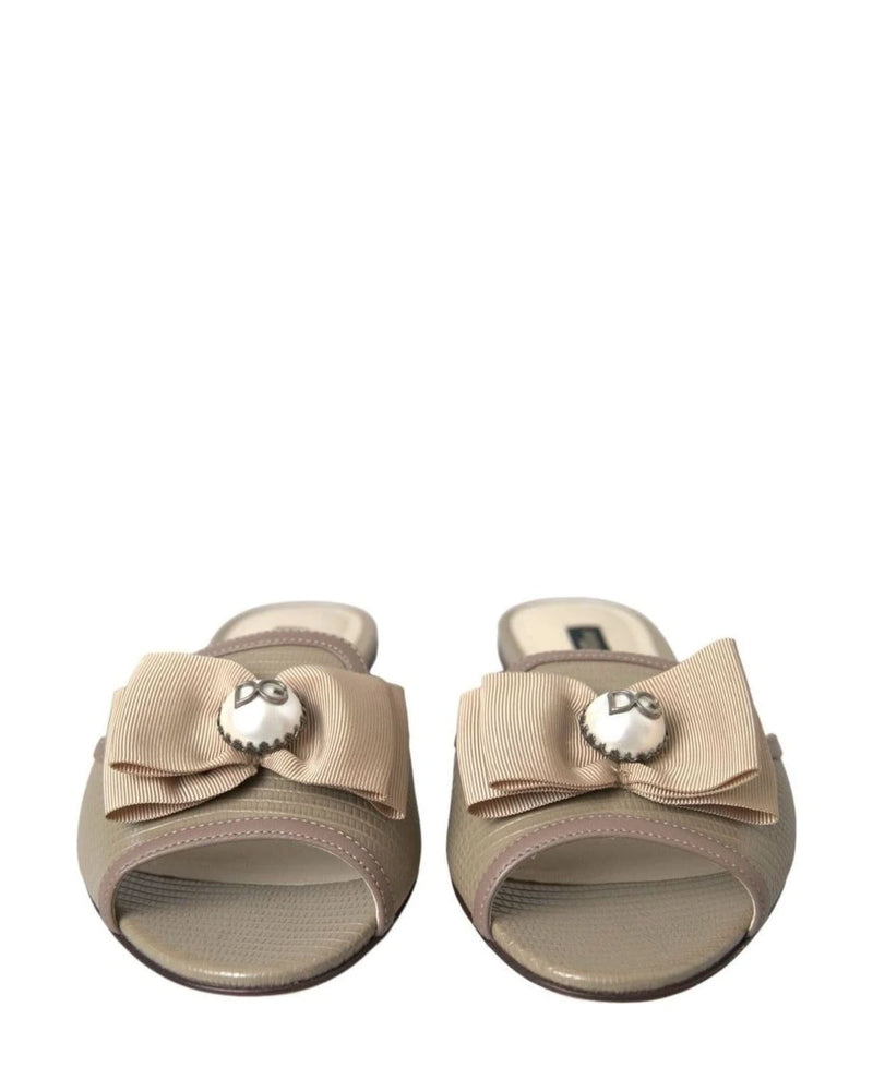Dolce & Gabbana Beige Logo Pearl Flats Sandals Slides Shoes Flats