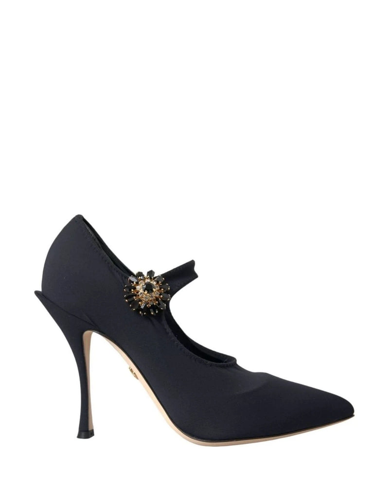 Dolce & Gabbana Black Mary Jane Jersey Crystal Pumps Shoes Heels