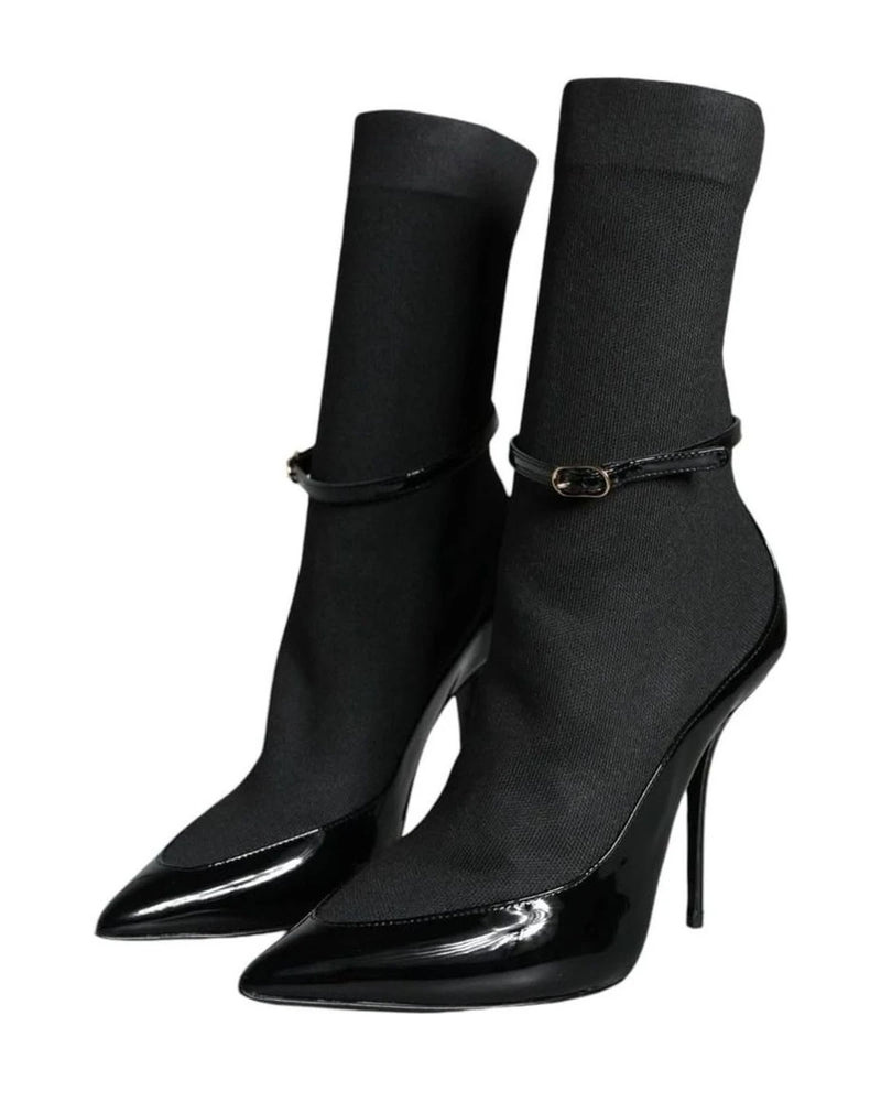 Dolce & Gabbana Black Leather Stilettos Booties Socks Shoes Boots