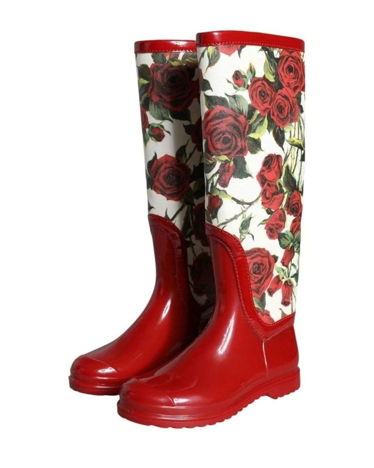 Dolce & Gabbana Red Floral Rubber Knee High Flat Boots Shoes Boots