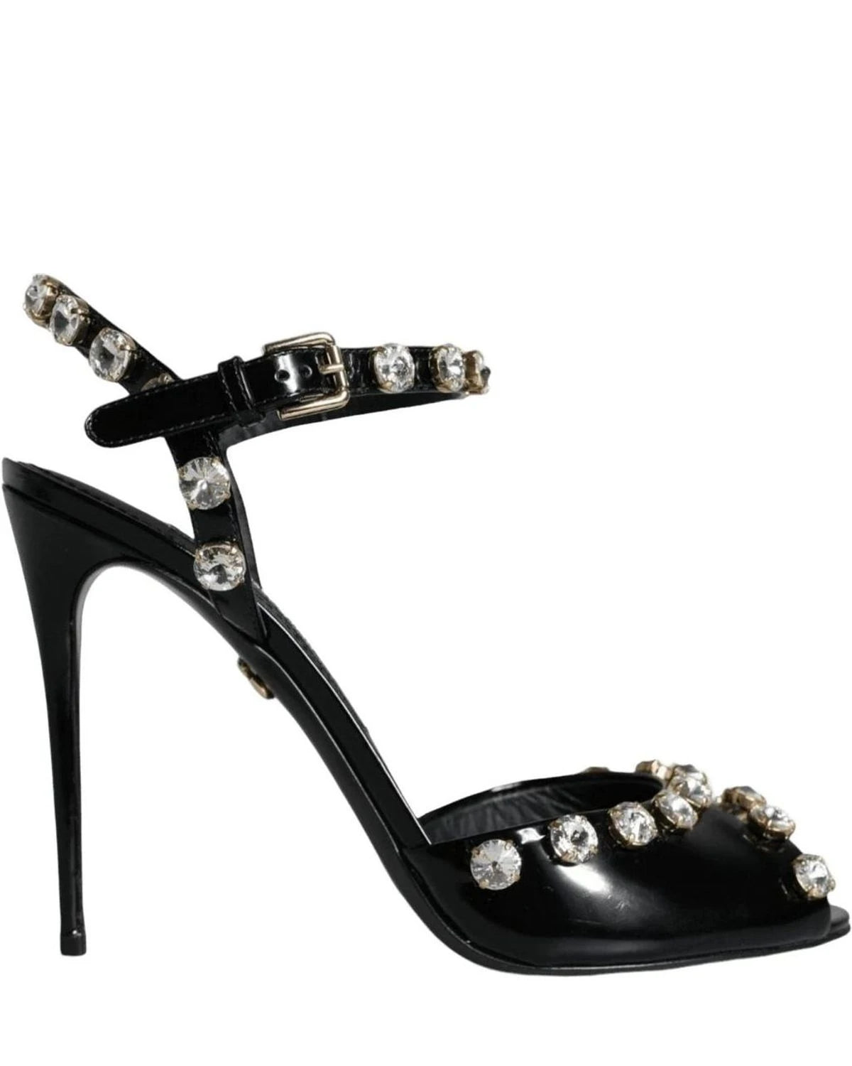 Dolce & Gabbana Black Leather Crystal Ankle Strap Sandals Shoes Heels