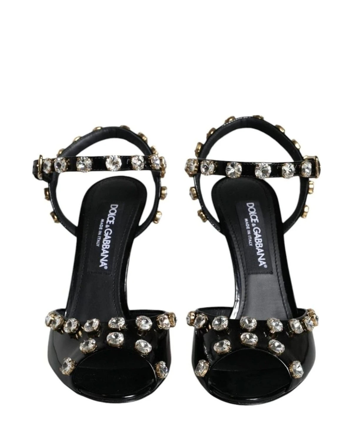 Dolce & Gabbana Black Leather Crystal Ankle Strap Sandals Shoes Heels