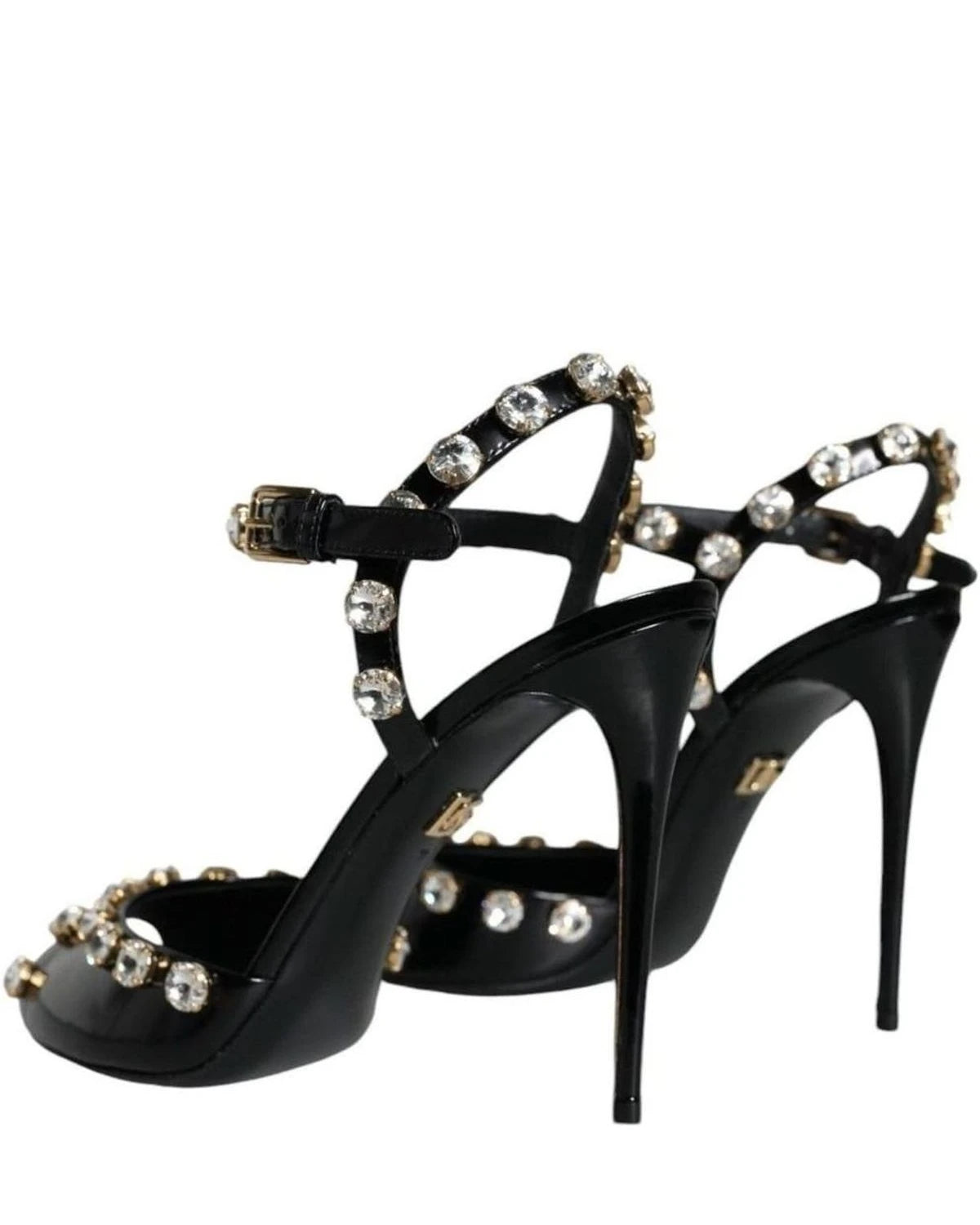 Dolce & Gabbana Black Leather Crystal Ankle Strap Sandals Shoes Heels